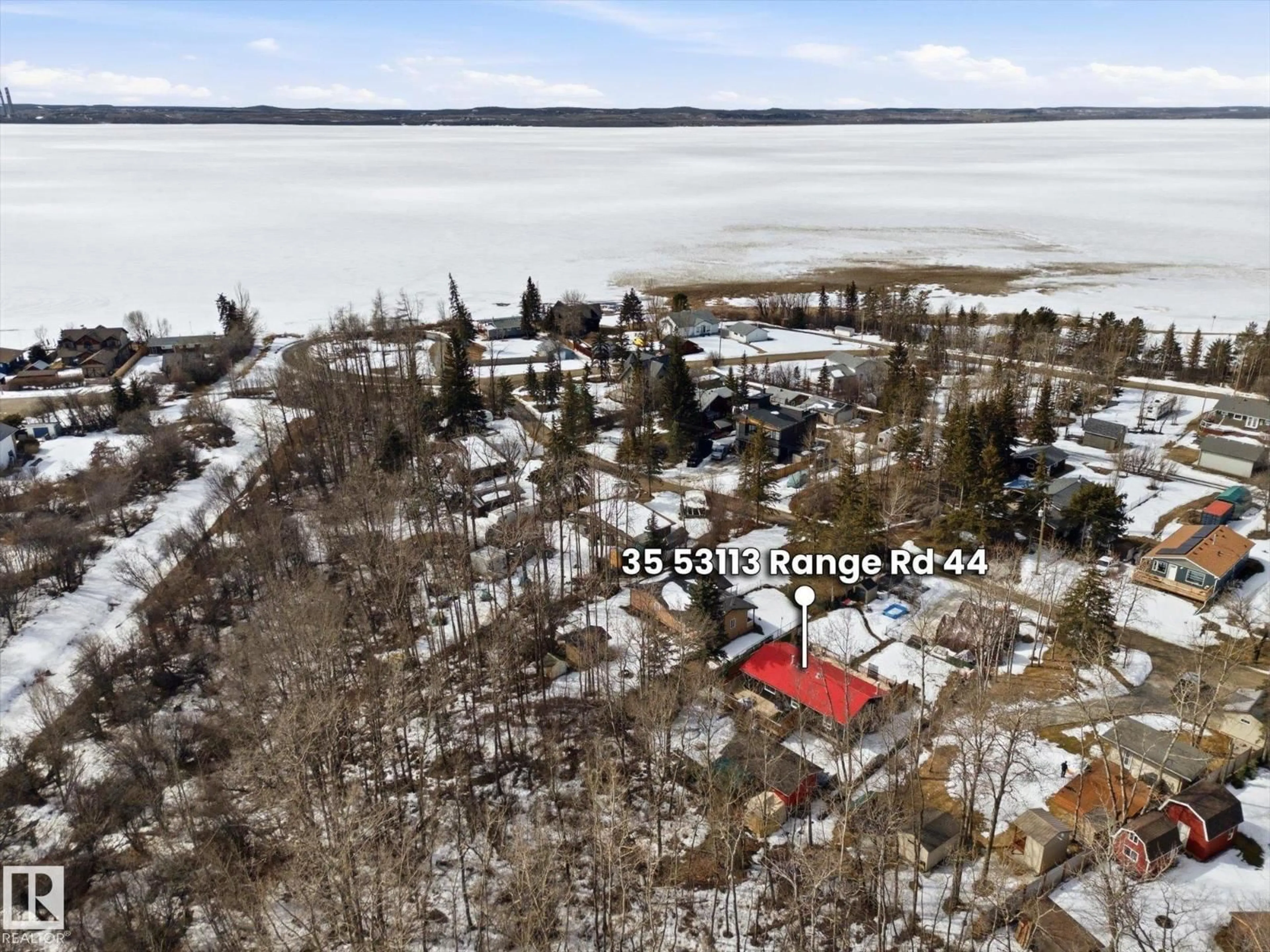 A pic from outside/outdoor area/front of a property/back of a property/a pic from drone, water/lake/river/ocean view for #34 - 53113 RGE ROAD 44, Rural Parkland County Alberta T0E2K0