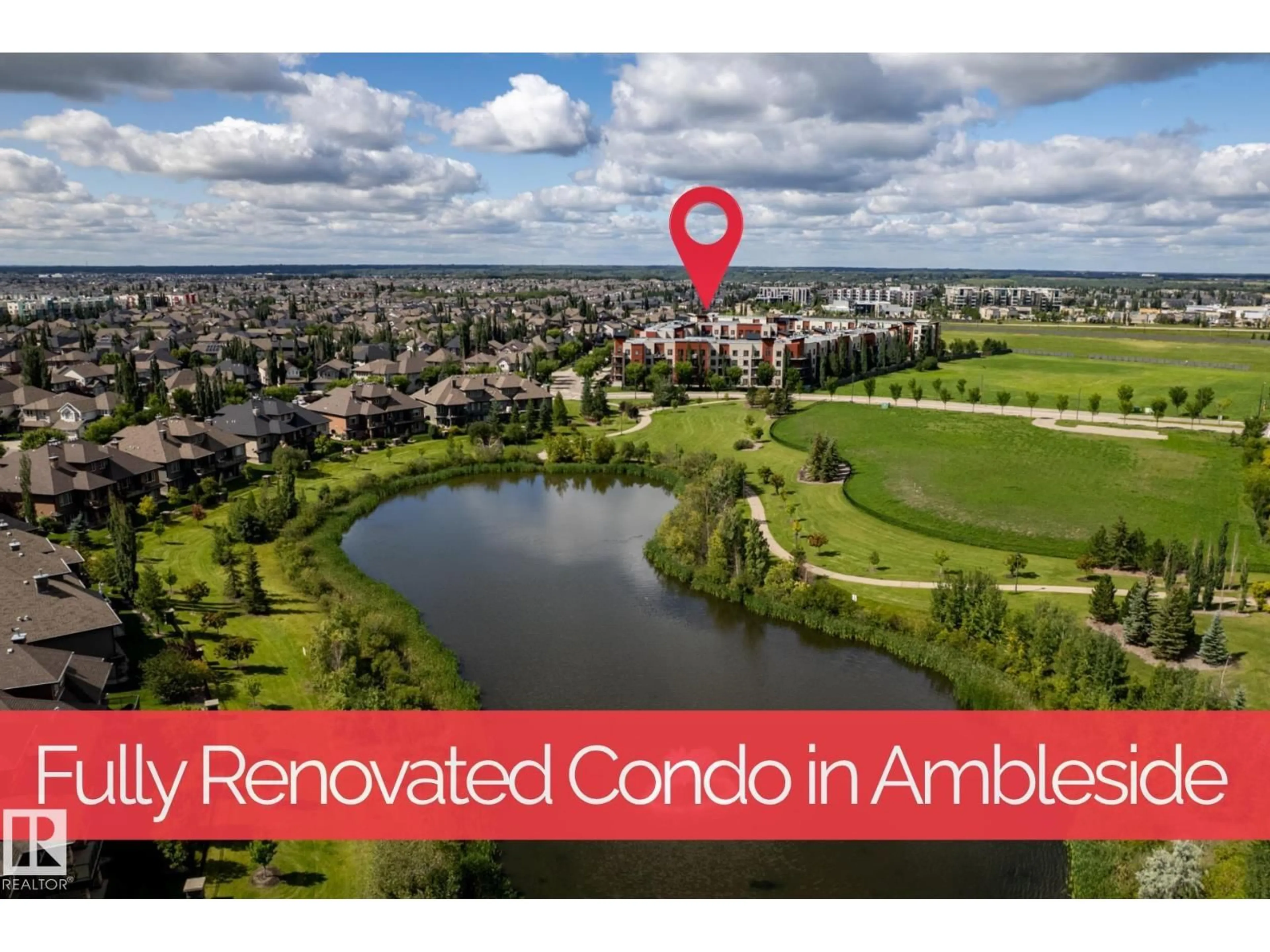 A pic from outside/outdoor area/front of a property/back of a property/a pic from drone, water/lake/river/ocean view for #105 - 304 AMBLESIDE LINK LI, Edmonton Alberta T6W0V2