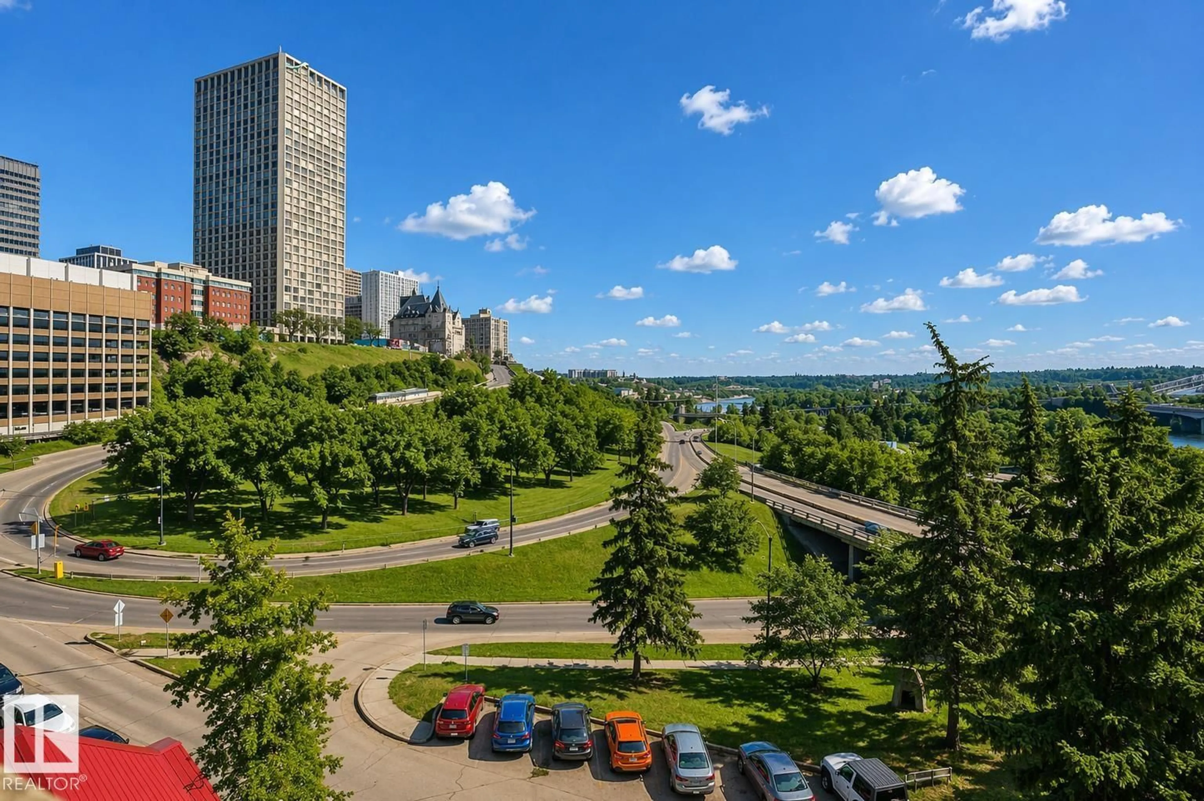 Patio, city buildings view from balcony for #604 - 9918 101 ST, Edmonton Alberta T5K2L1