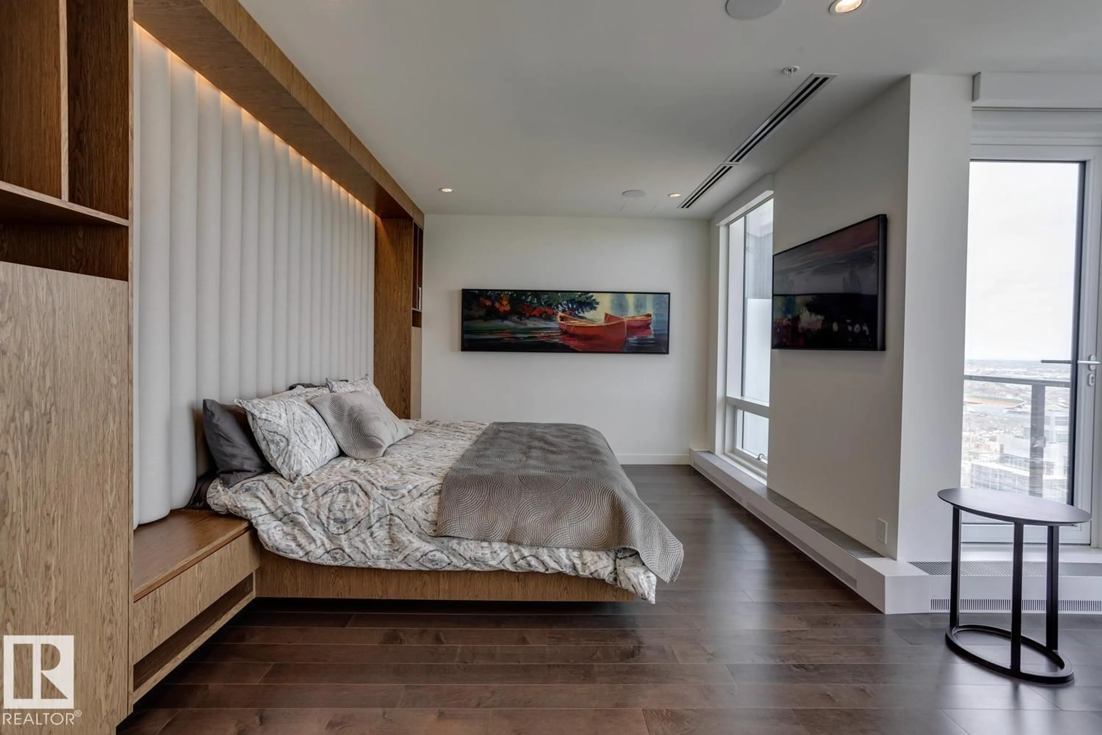 Bedroom with bed, wood/laminate floor for 10360 - 4602 102 ST NW, Edmonton Alberta T5J0K6