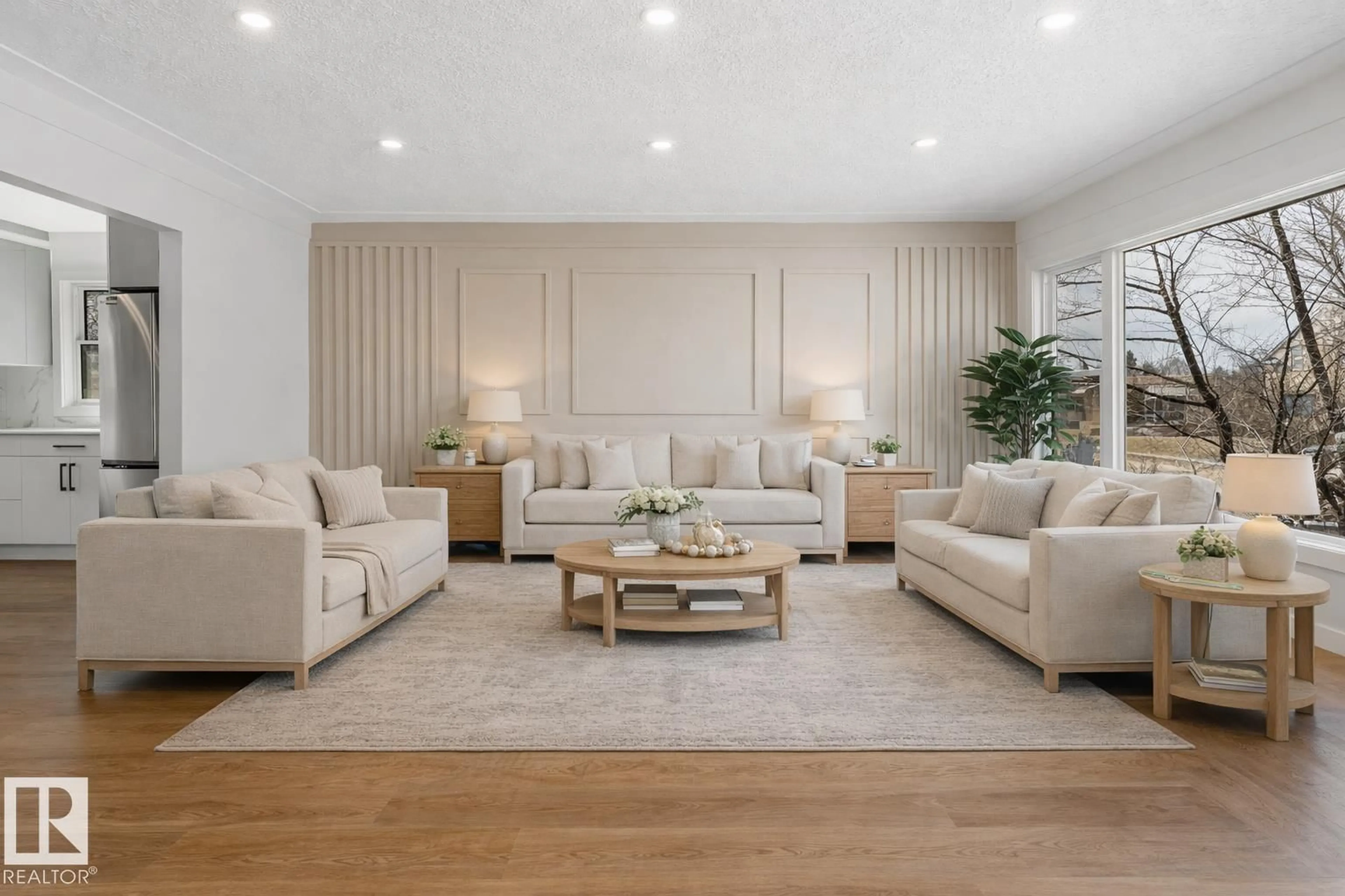 Living room with furniture, wood/laminate floor for NW - 12033 54 ST, Edmonton Alberta T5W3N2