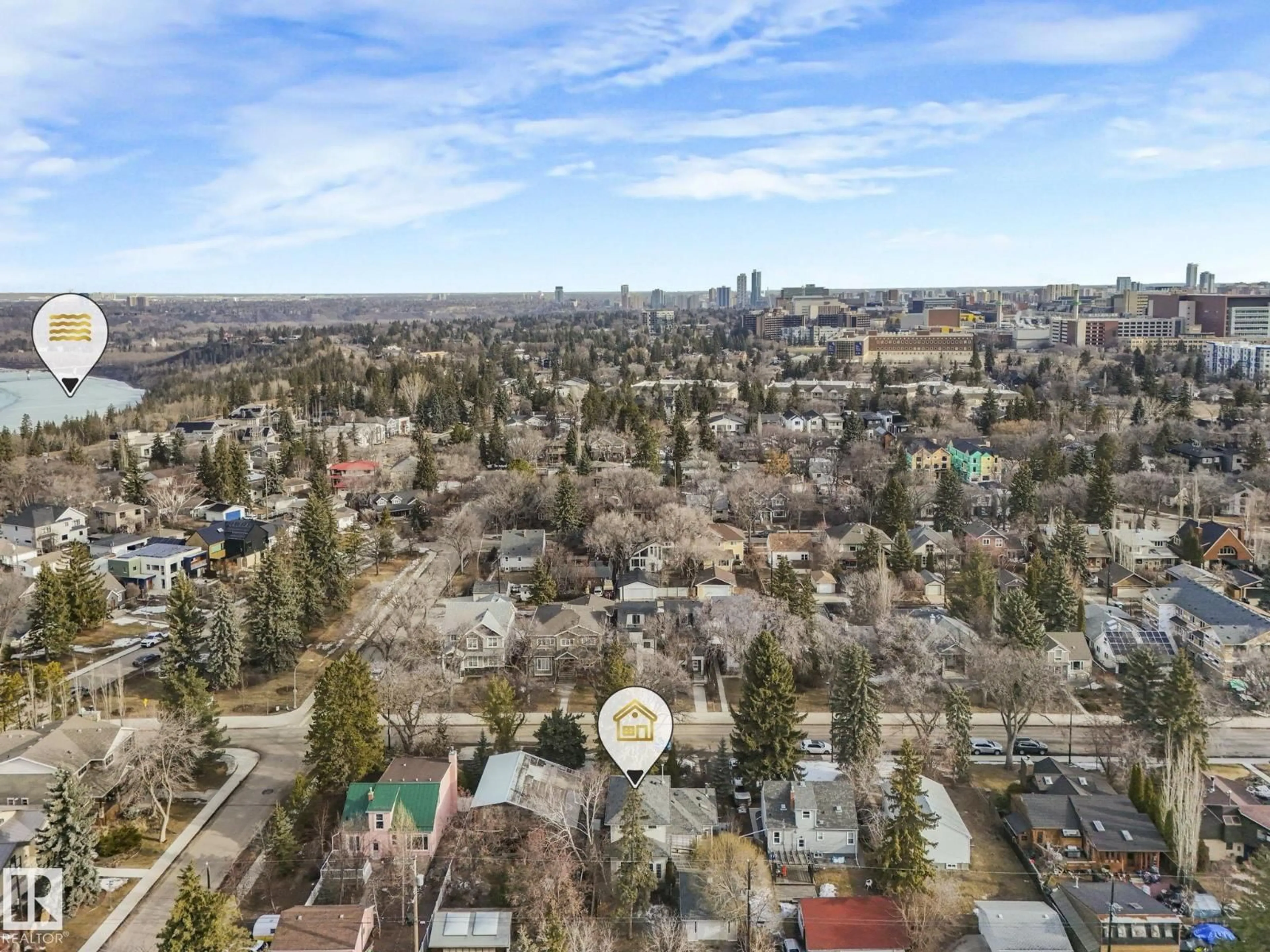 A pic from outside/outdoor area/front of a property/back of a property/a pic from drone, city buildings view from balcony for 11643 76 AV, Edmonton Alberta T6G0K9