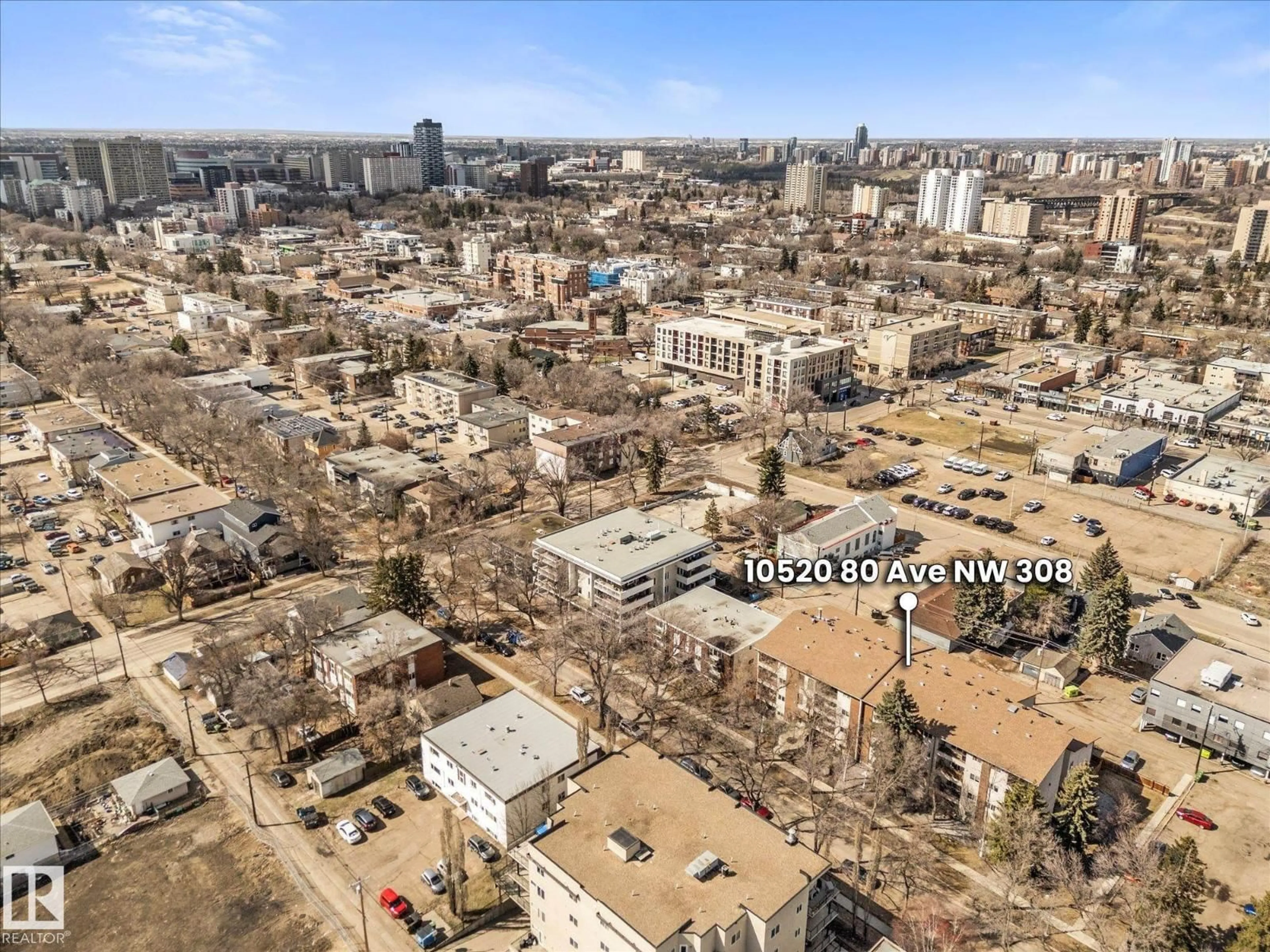 A pic from outside/outdoor area/front of a property/back of a property/a pic from drone, city buildings view from balcony for #308 - 10520 80 AV, Edmonton Alberta T6E1V3