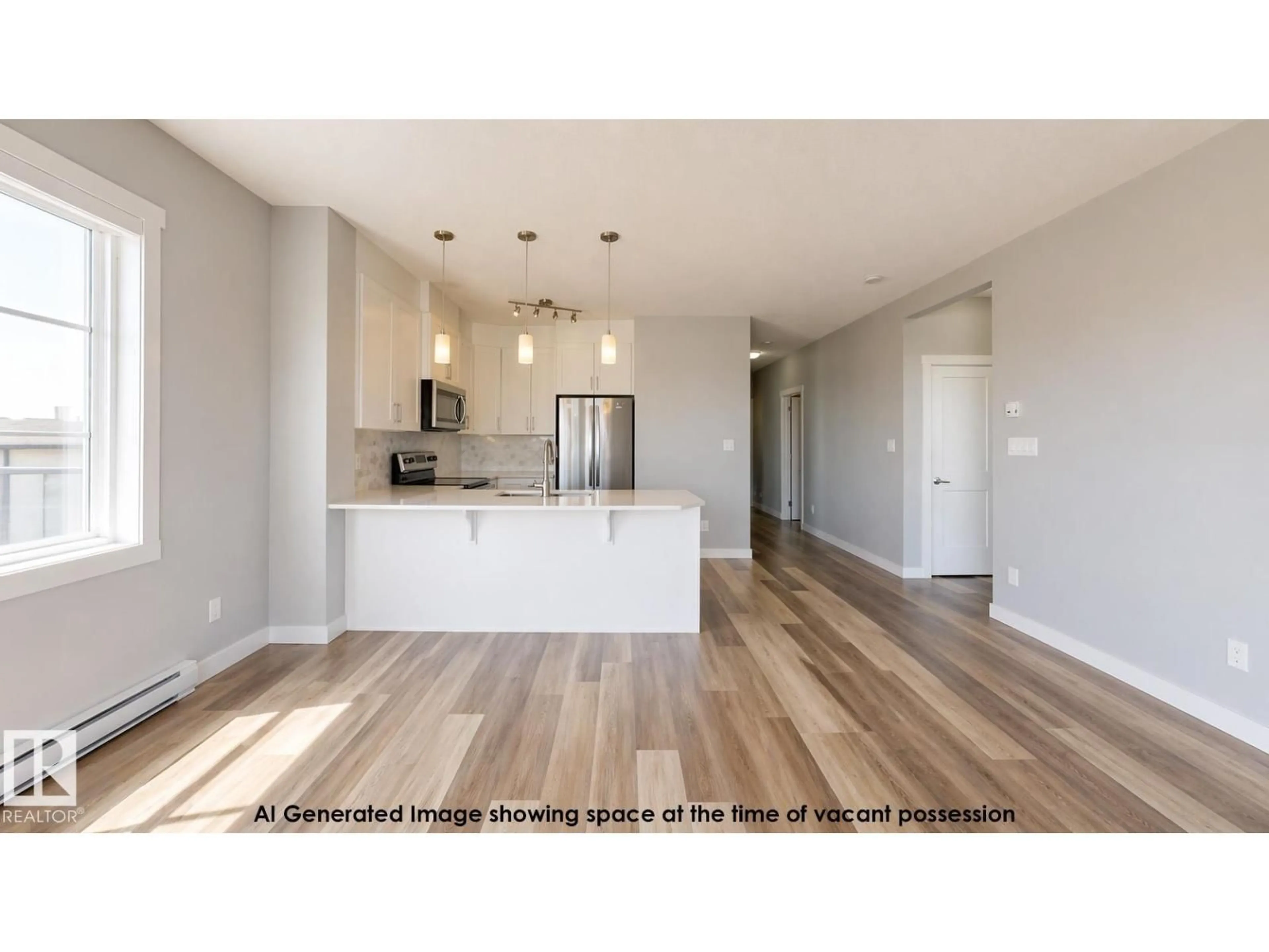 Open concept kitchen, wood/laminate floor for 812 - 426 WELSH DR, Edmonton Alberta T6X1Y7