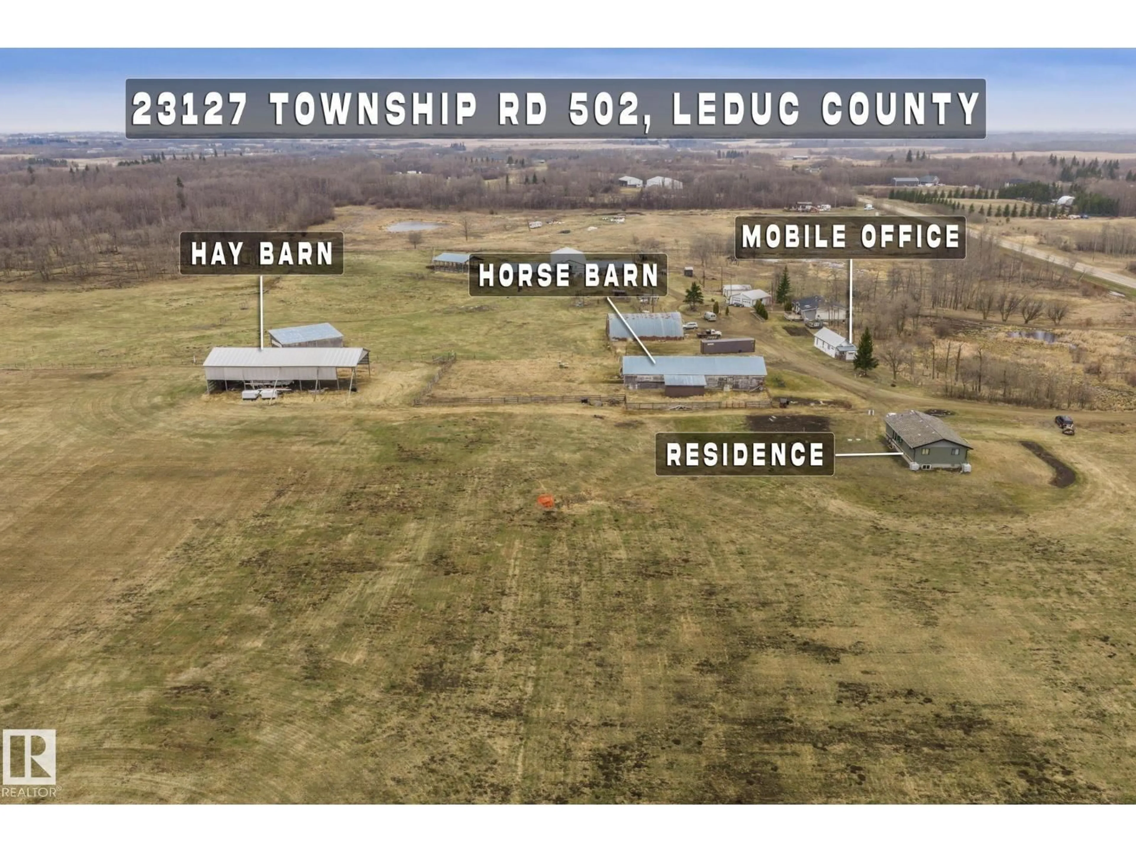 A pic from outside/outdoor area/front of a property/back of a property/a pic from drone, building for 23127 TWP RD 502, Rural Leduc County Alberta T4X0R2