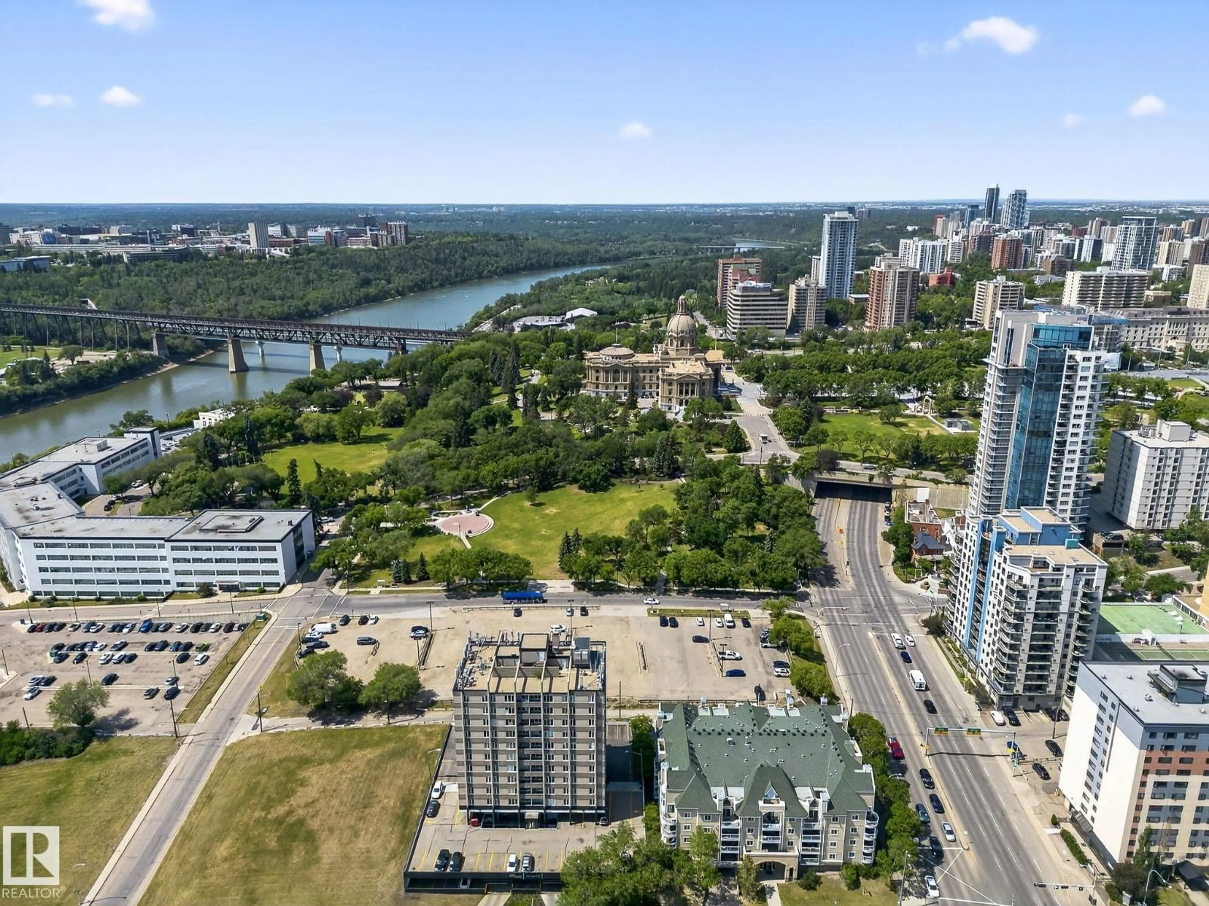A pic from outside/outdoor area/front of a property/back of a property/a pic from drone, water/lake/river/ocean view for #702 - 9707 106 ST, Edmonton Alberta T5K0B7