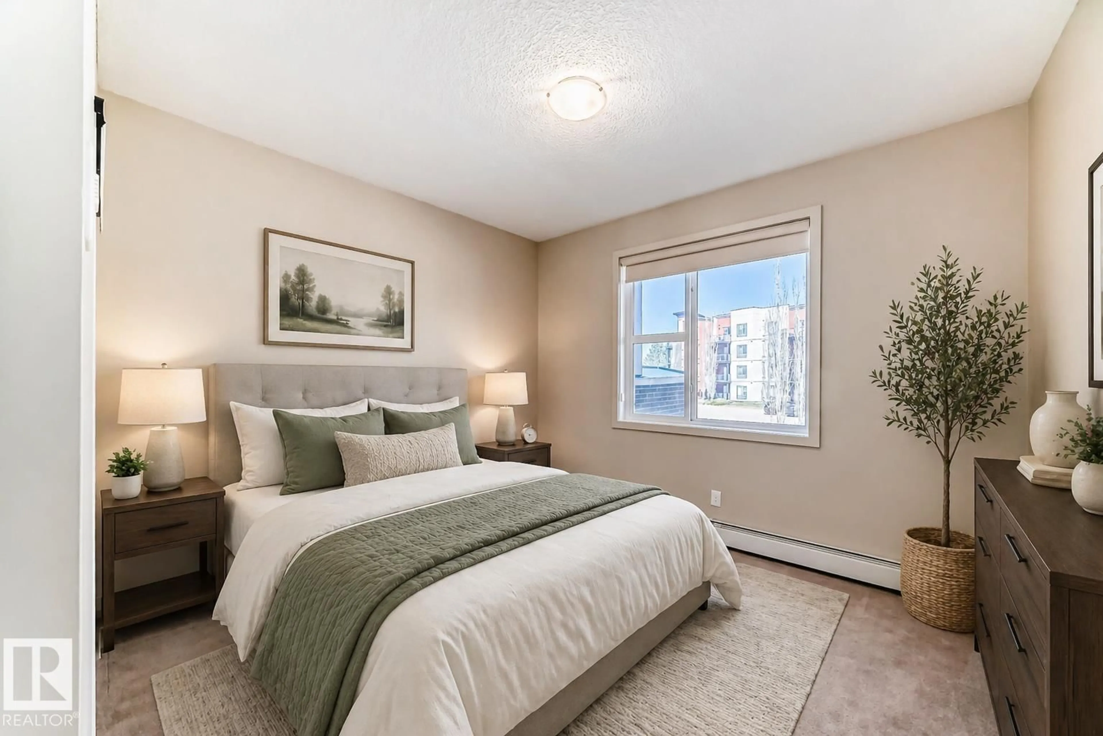 Bedroom with bed, carpet floor for 308 - 230 AMBLESIDE LINK, Edmonton Alberta T6W0V3