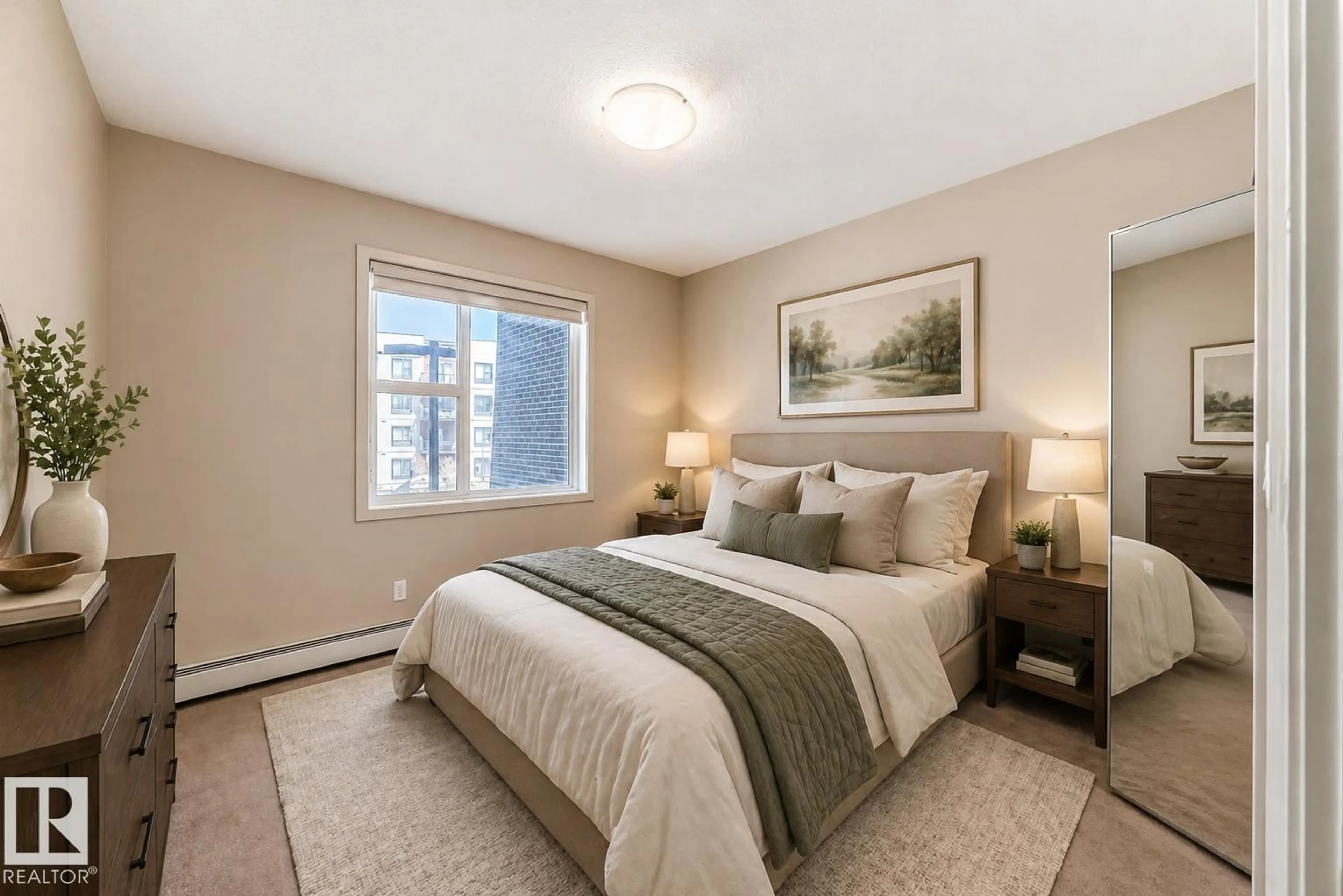 Bedroom with bed, carpet floor for 308 - 230 AMBLESIDE LINK, Edmonton Alberta T6W0V3