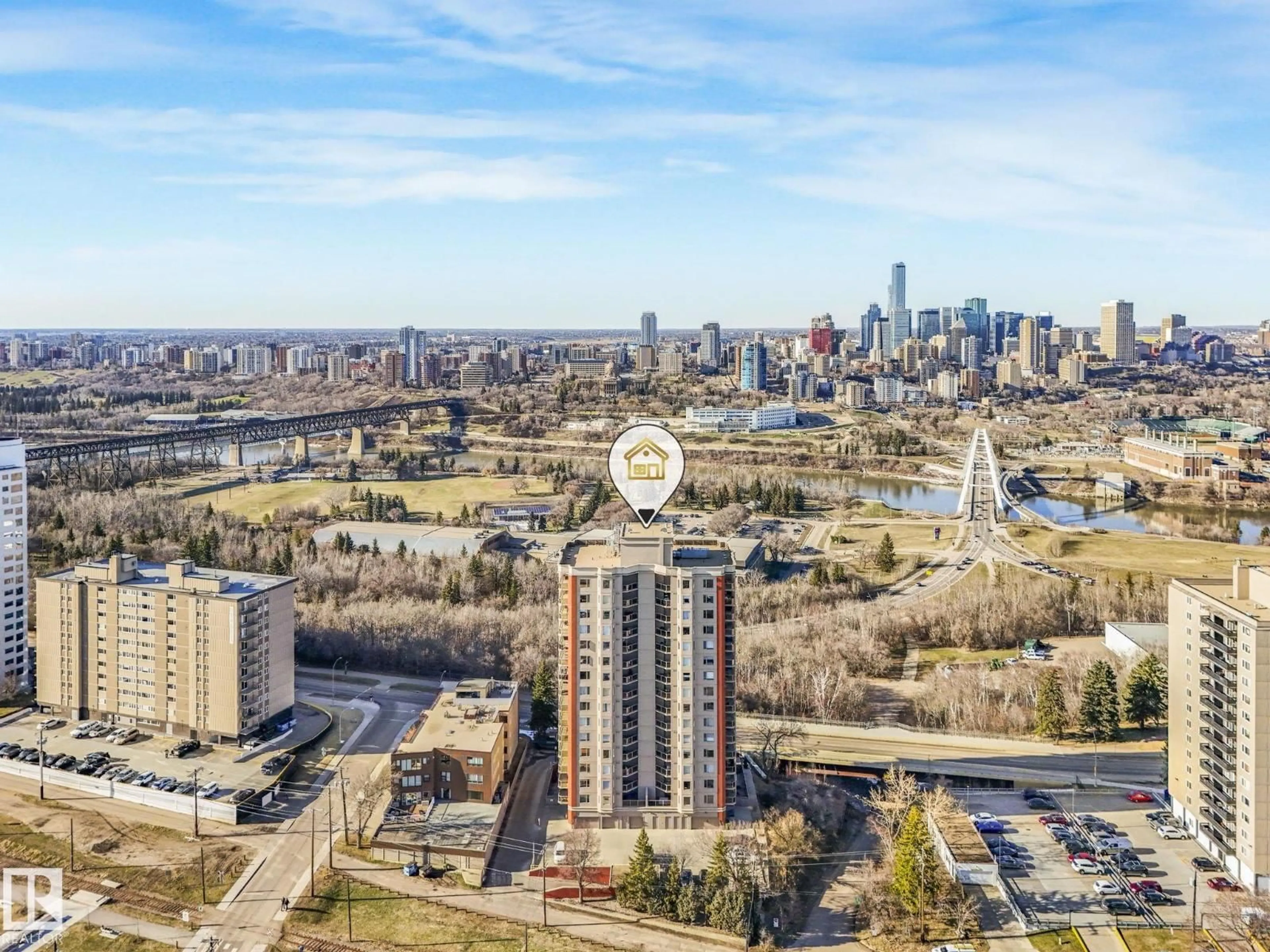 A pic from outside/outdoor area/front of a property/back of a property/a pic from drone, city buildings view from balcony for #602 - 10649 SASKATCHEWAN DR, Edmonton Alberta T6E6S8