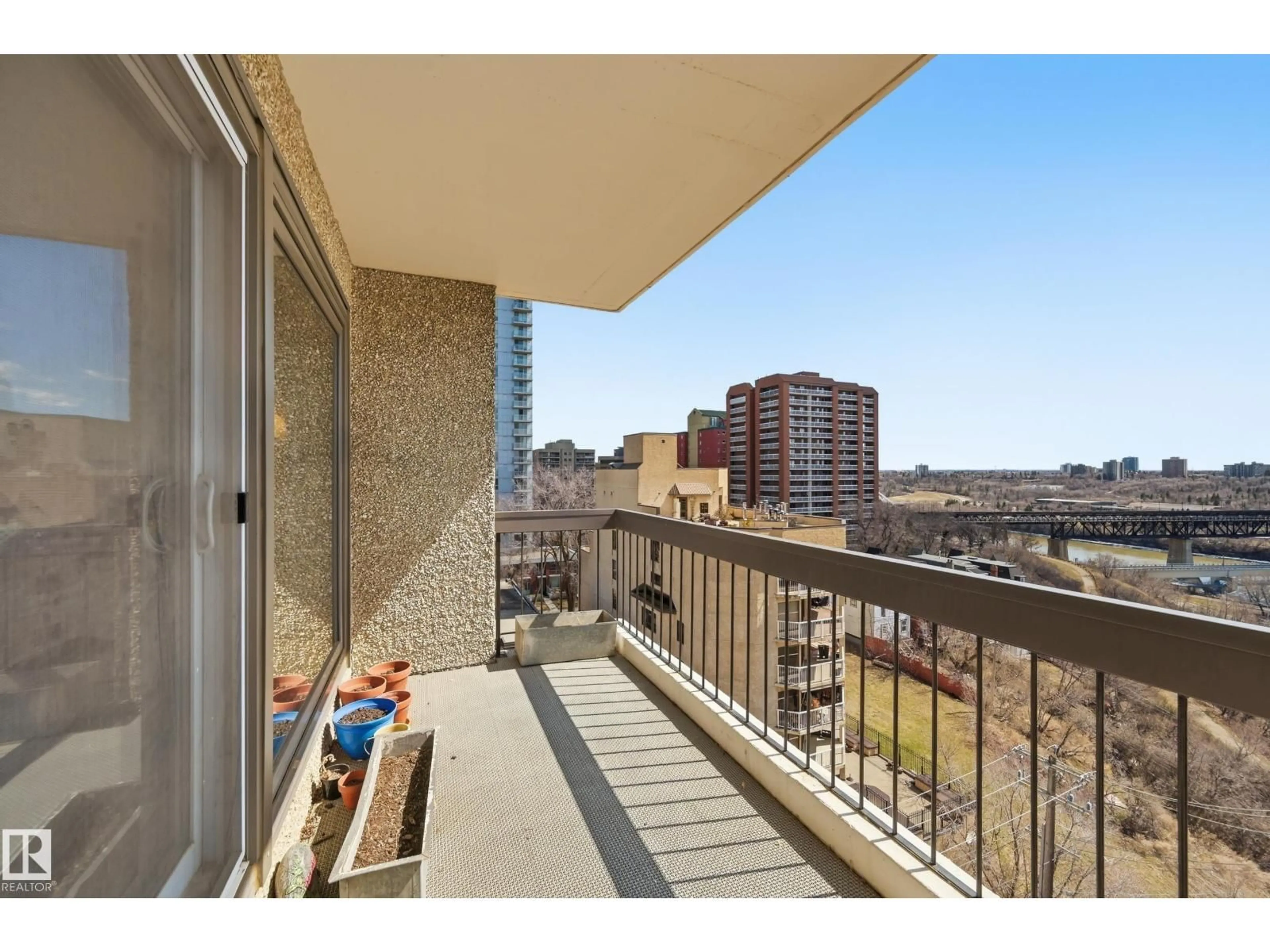 Balcony in the apartment, city buildings view from balcony for 904 - 9737 112 ST, Edmonton Alberta T5K1L3