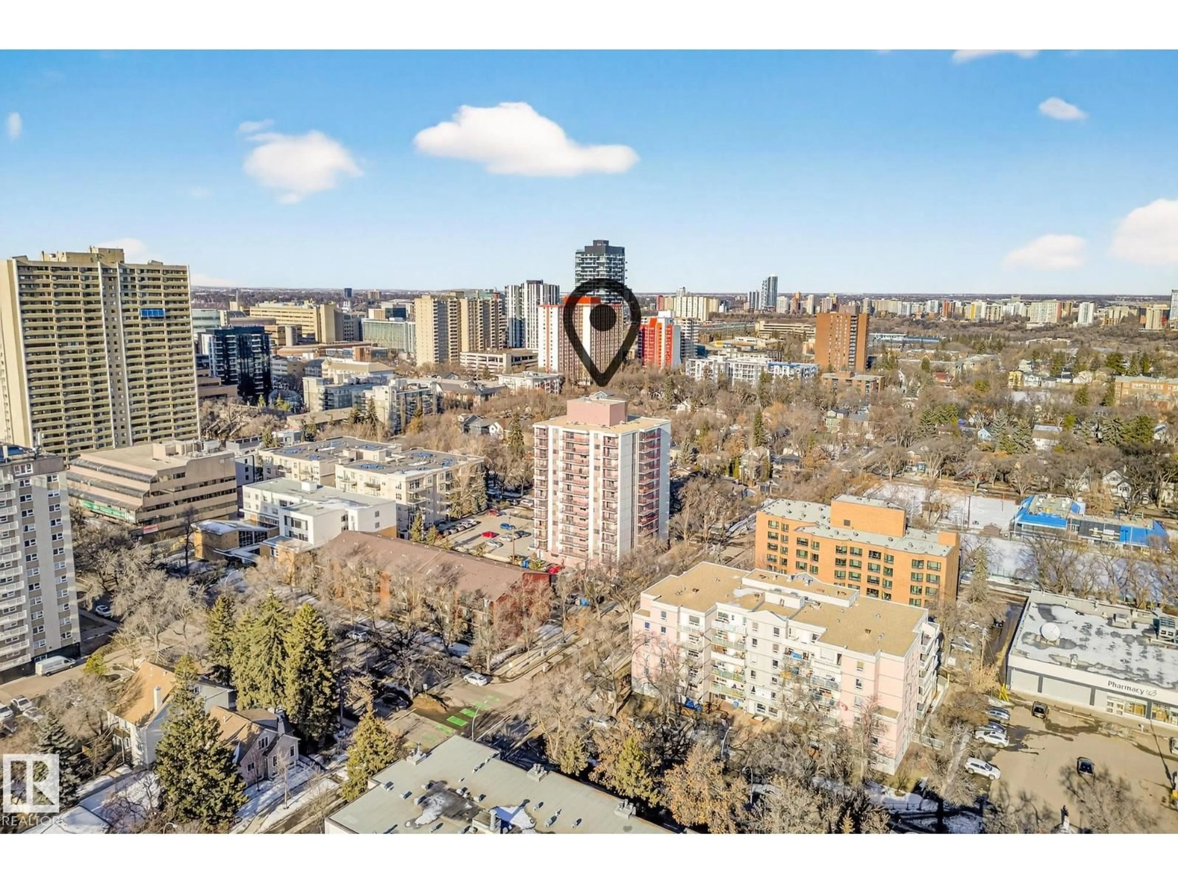 A pic from outside/outdoor area/front of a property/back of a property/a pic from drone, city buildings view from balcony for 207 - 11007 83 AV, Edmonton Alberta T6G0T9