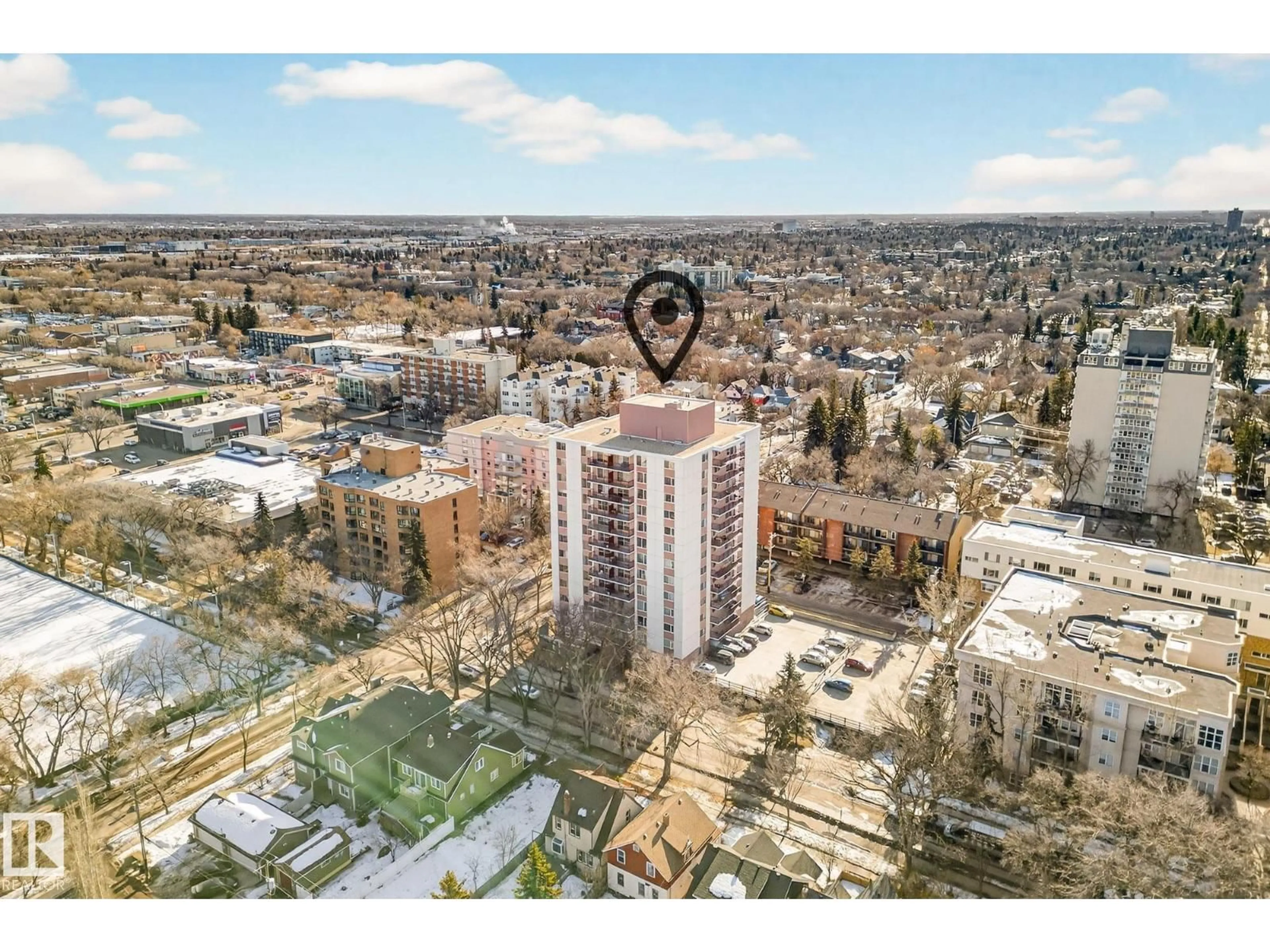 A pic from outside/outdoor area/front of a property/back of a property/a pic from drone, city buildings view from balcony for 207 - 11007 83 AV, Edmonton Alberta T6G0T9