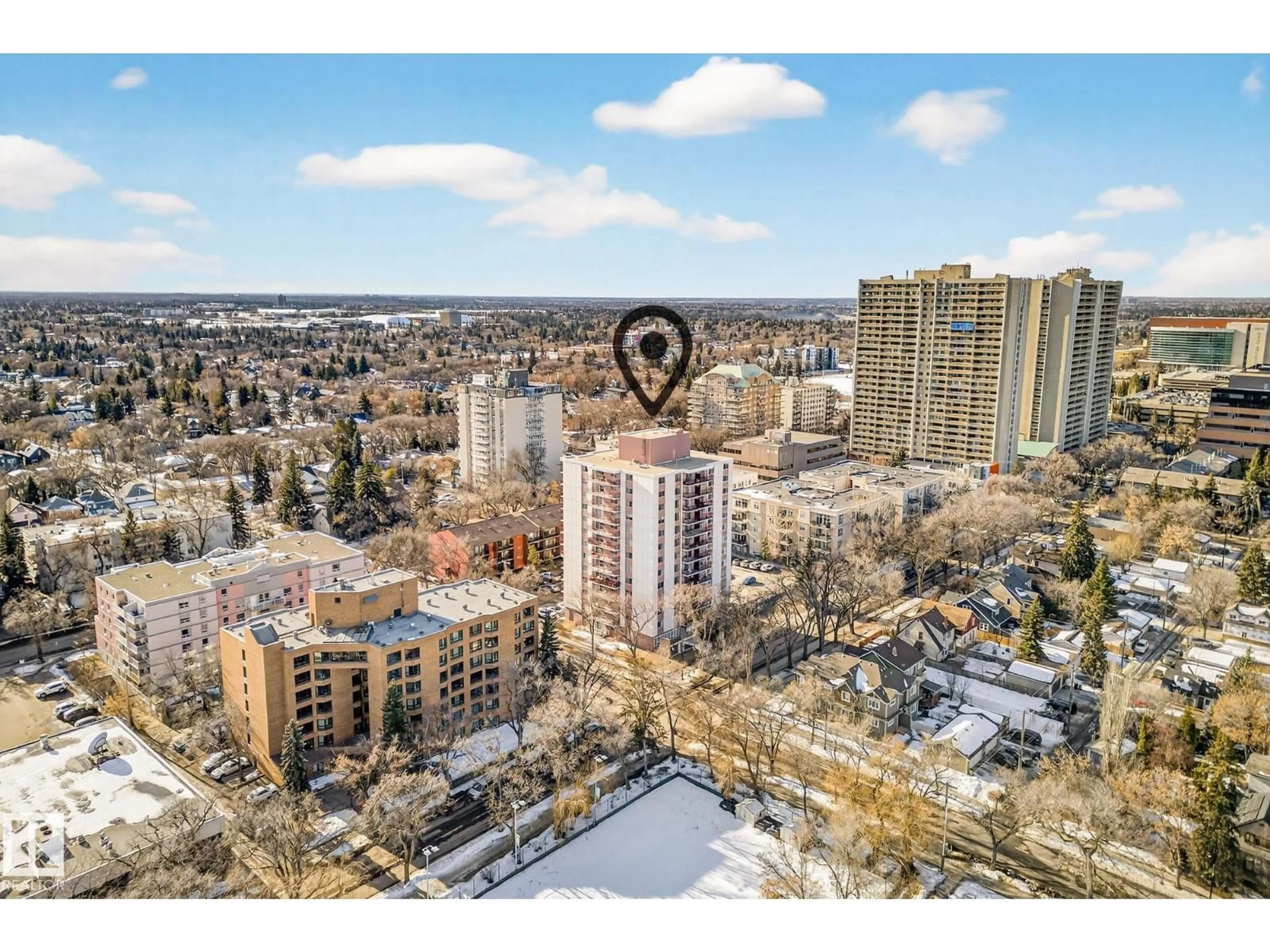 A pic from outside/outdoor area/front of a property/back of a property/a pic from drone, city buildings view from balcony for 207 - 11007 83 AV, Edmonton Alberta T6G0T9