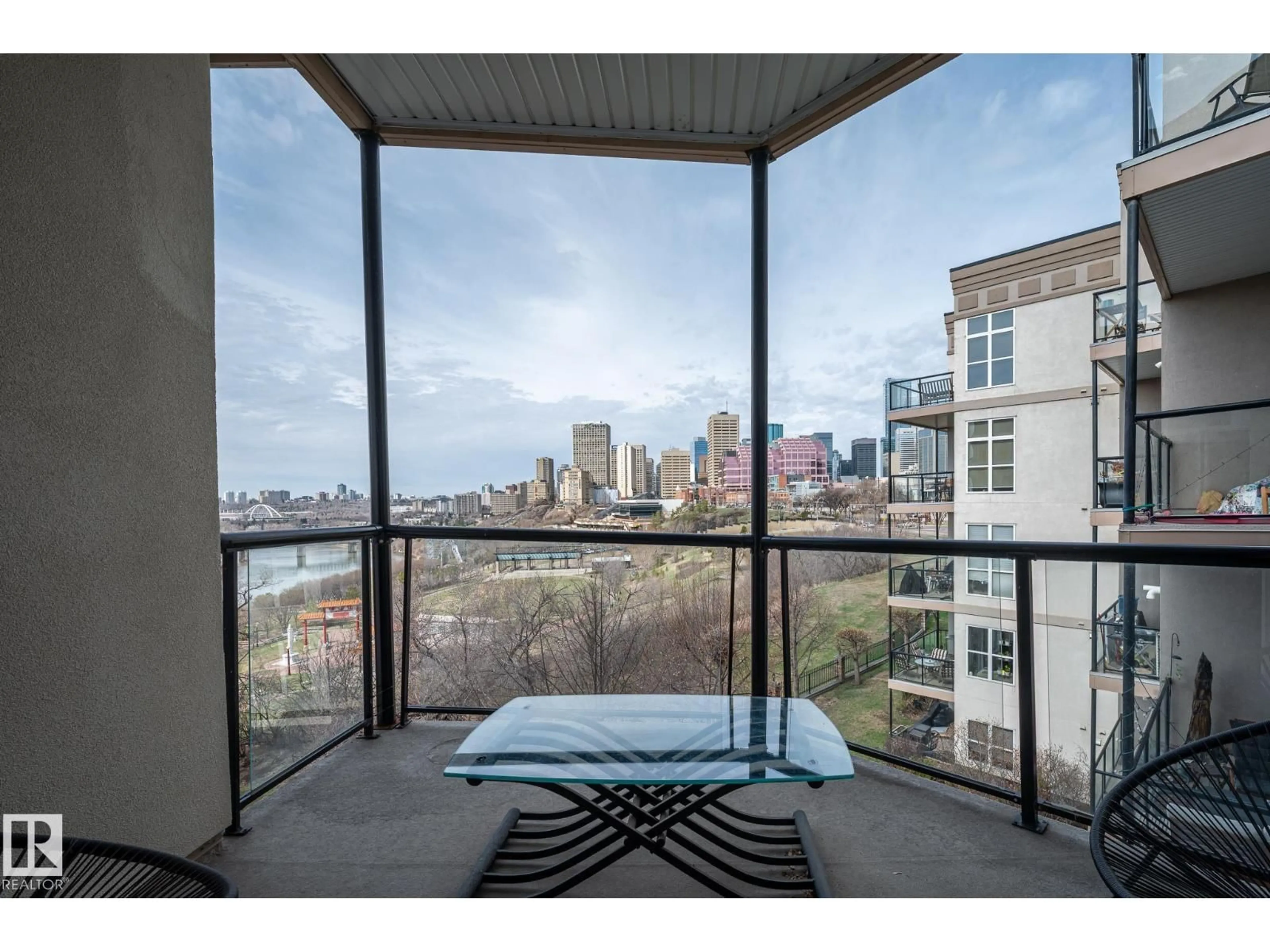 Balcony in the apartment, water/lake/river/ocean view for 412 9503 101 AV NW, Edmonton Alberta T5H4R1