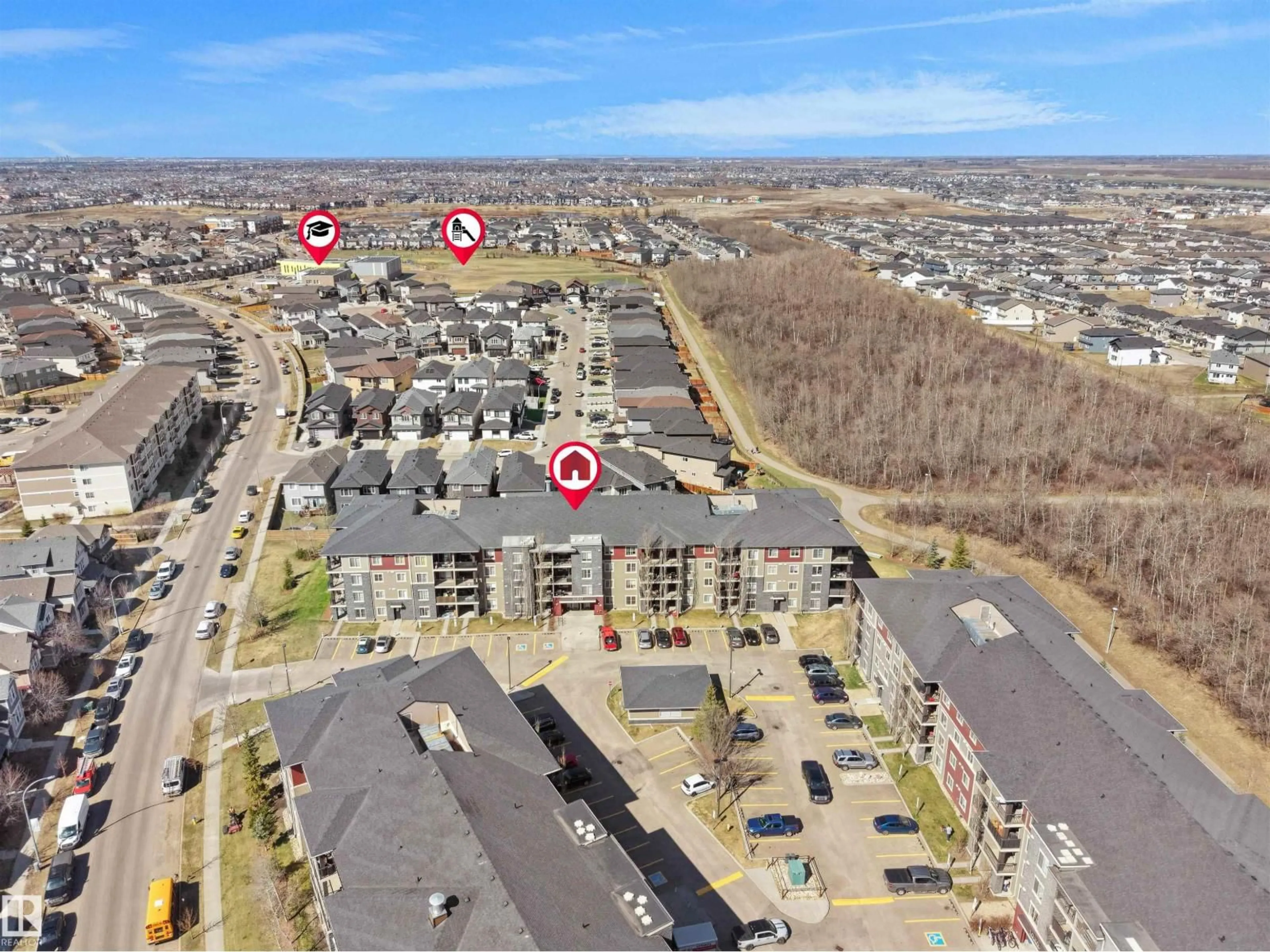 A pic from outside/outdoor area/front of a property/back of a property/a pic from drone, street for #417 - 1060 MCCONACHIE BV, Edmonton Alberta T5Y0W9