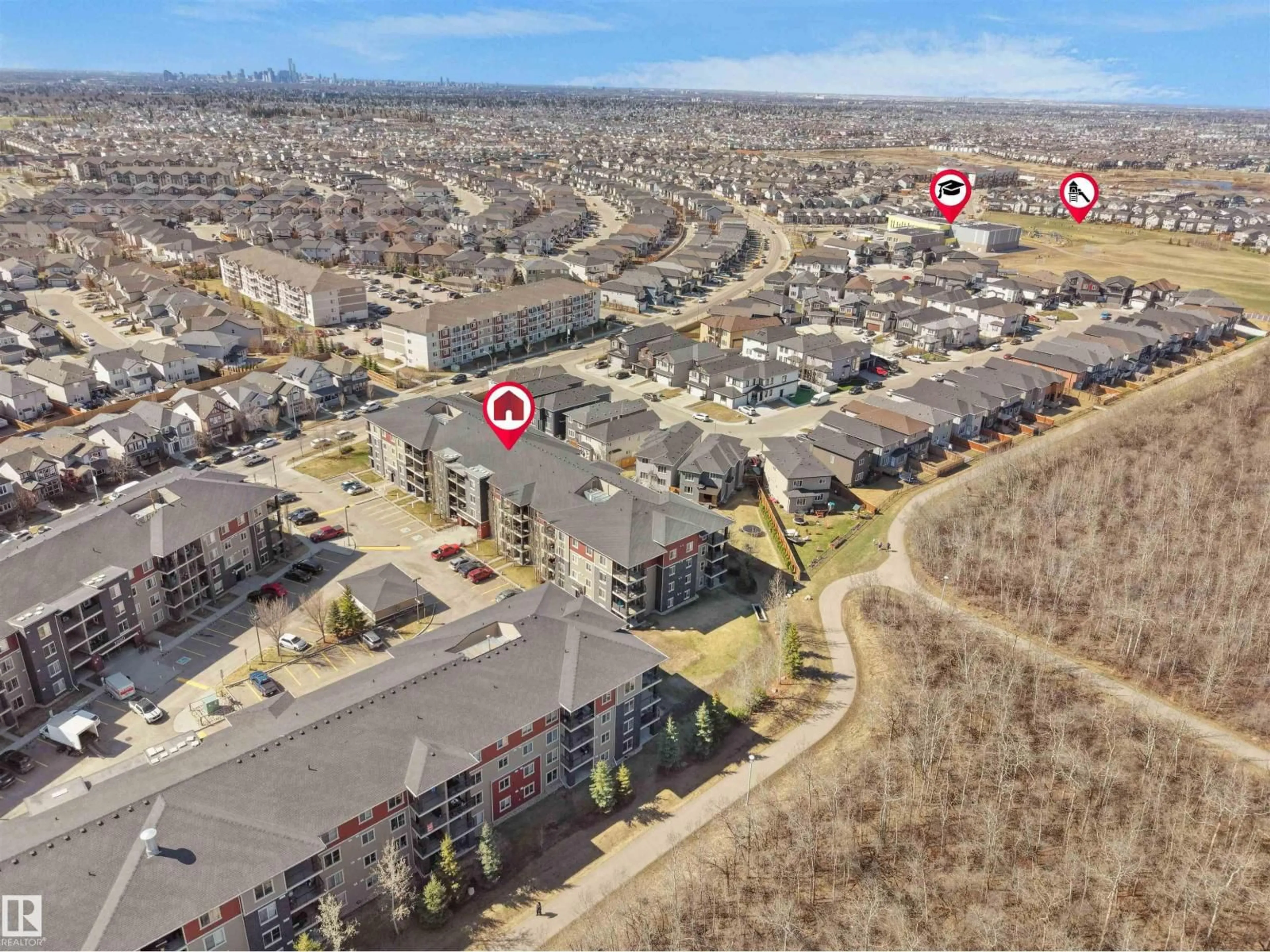 A pic from outside/outdoor area/front of a property/back of a property/a pic from drone, street for #417 - 1060 MCCONACHIE BV, Edmonton Alberta T5Y0W9