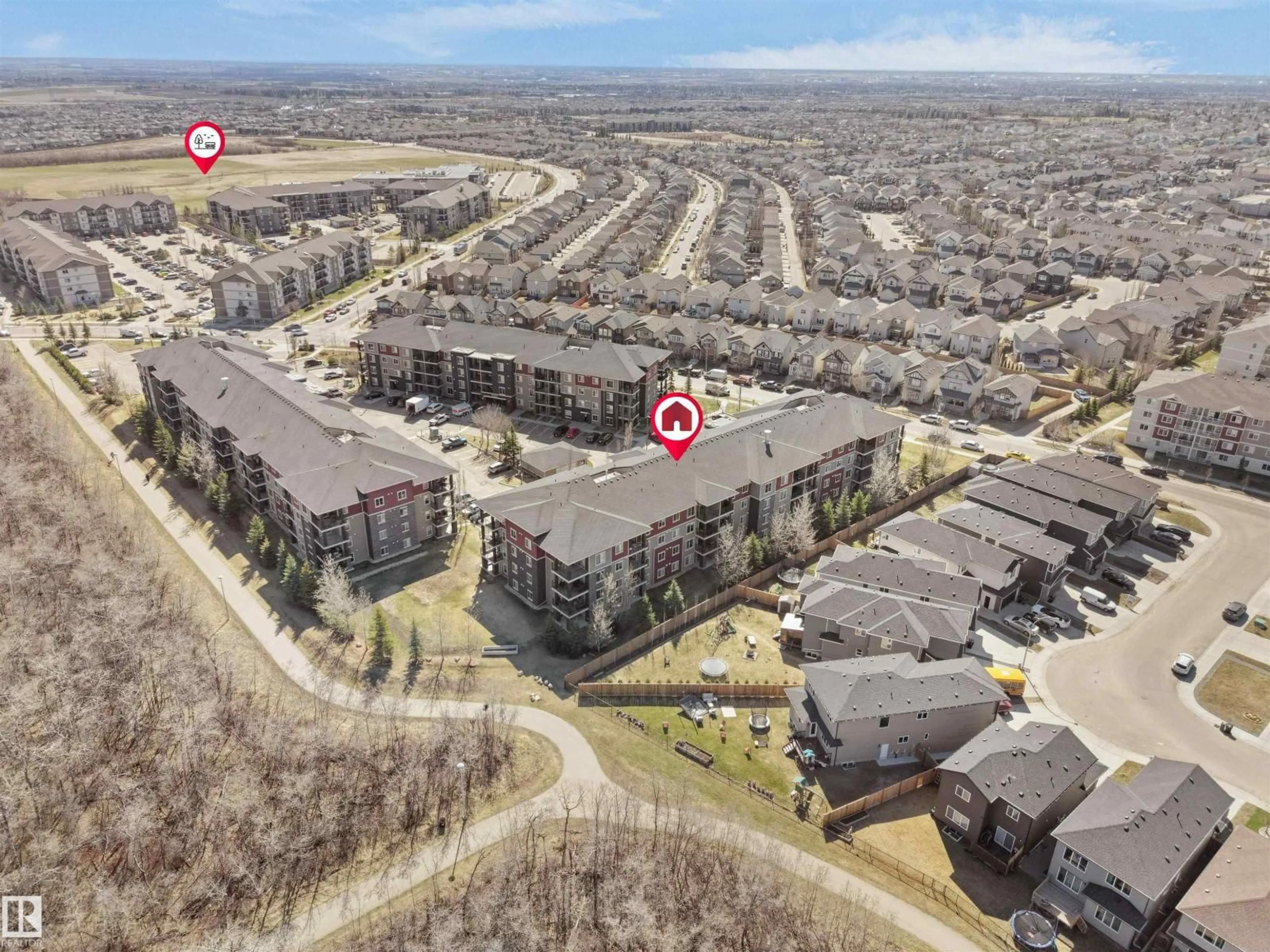 A pic from outside/outdoor area/front of a property/back of a property/a pic from drone, street for #417 - 1060 MCCONACHIE BV, Edmonton Alberta T5Y0W9