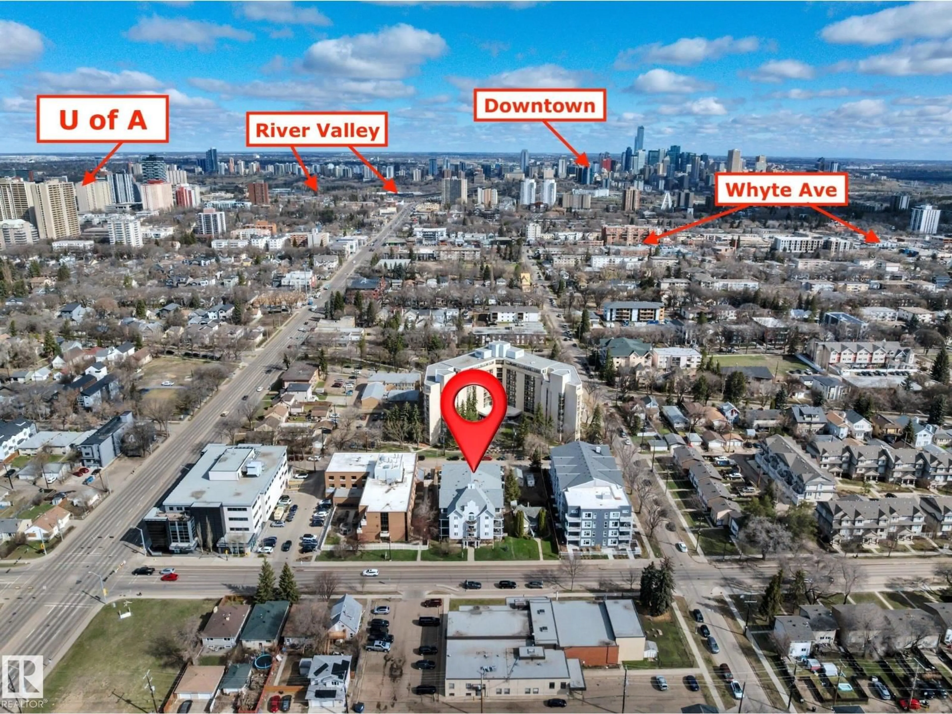 A pic from outside/outdoor area/front of a property/back of a property/a pic from drone, city buildings view from balcony for #402 - 10816 76 AV, Edmonton Alberta T6E6L3