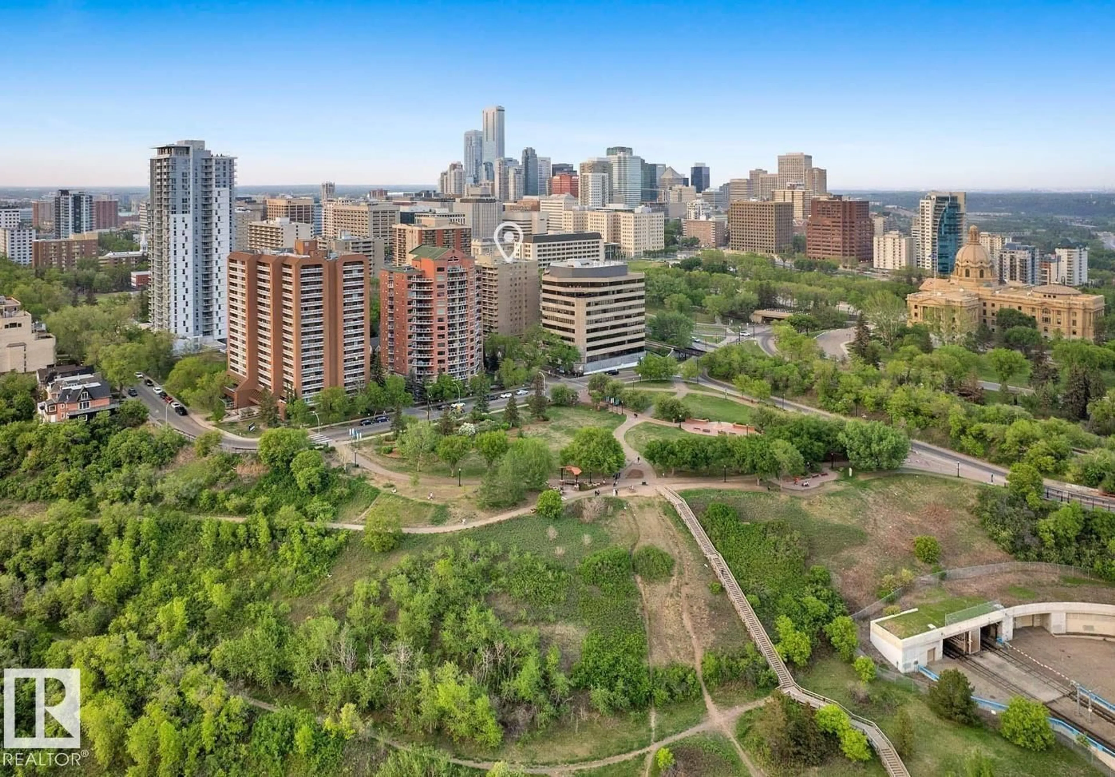 A pic from outside/outdoor area/front of a property/back of a property/a pic from drone, city buildings view from balcony for #908 - 9715 110 ST NW, Edmonton Alberta T5K2M1