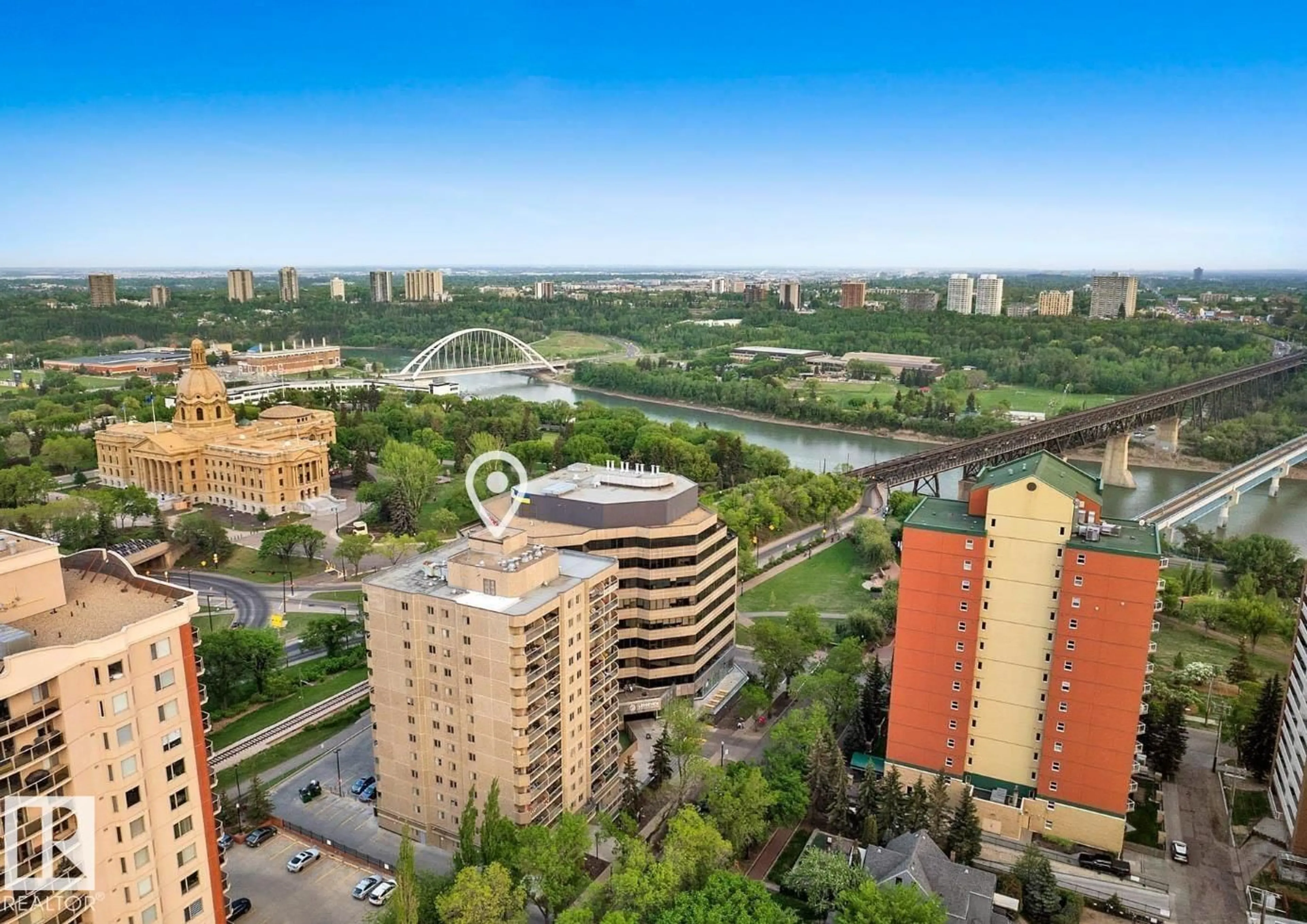 A pic from outside/outdoor area/front of a property/back of a property/a pic from drone, city buildings view from balcony for #908 - 9715 110 ST NW, Edmonton Alberta T5K2M1