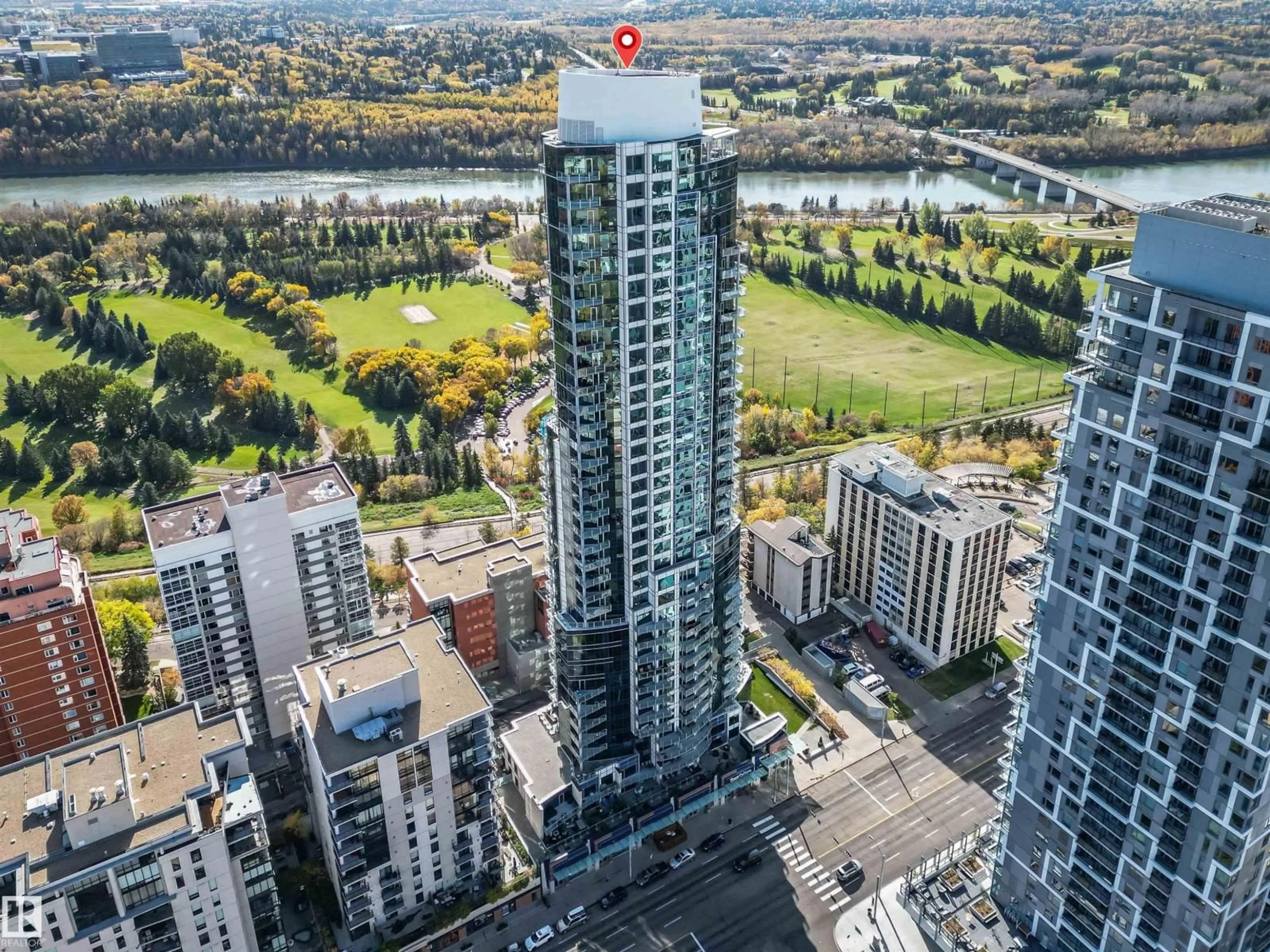 A pic from outside/outdoor area/front of a property/back of a property/a pic from drone, city buildings view from balcony for 1001 JASPER AV, Edmonton Alberta T5K0P1