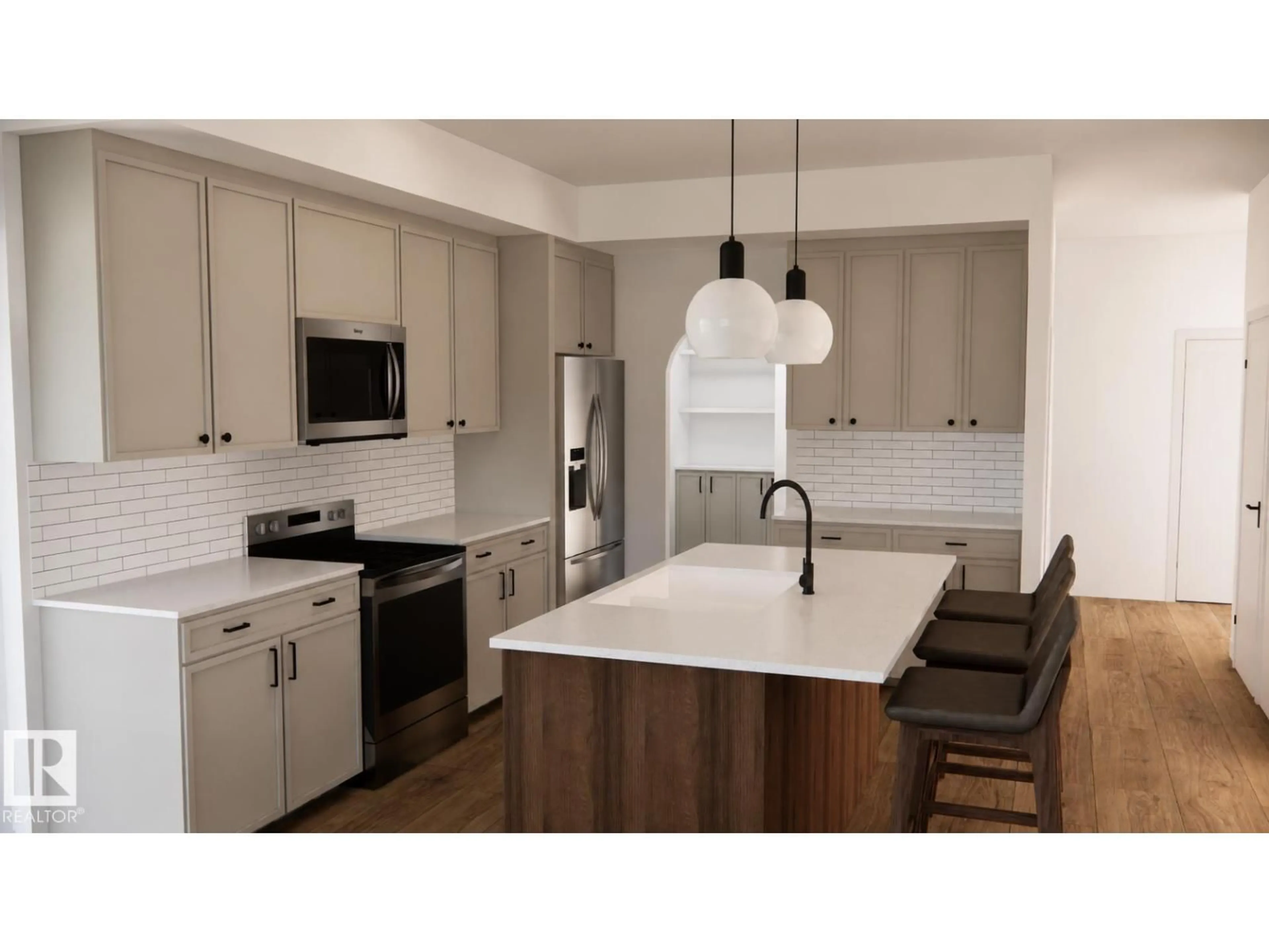 Open concept kitchen, wood/laminate floor for 2 BRICKYARD GA, Stony Plain Alberta T7Z0P3