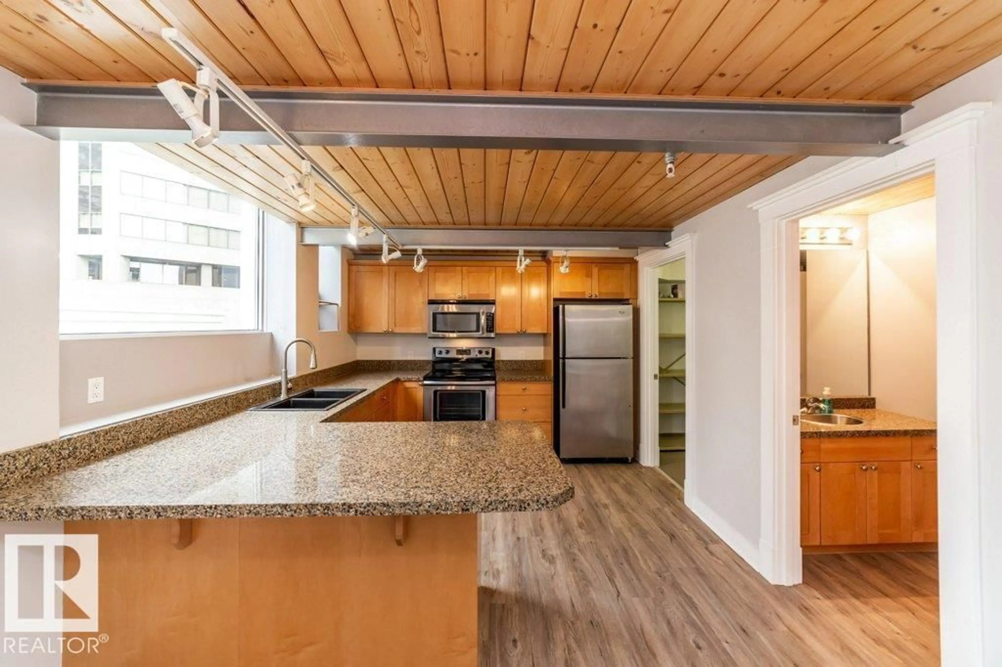 Open concept kitchen, wood/laminate floor for #208 - 10009 102 AV, Edmonton Alberta T5J5B6