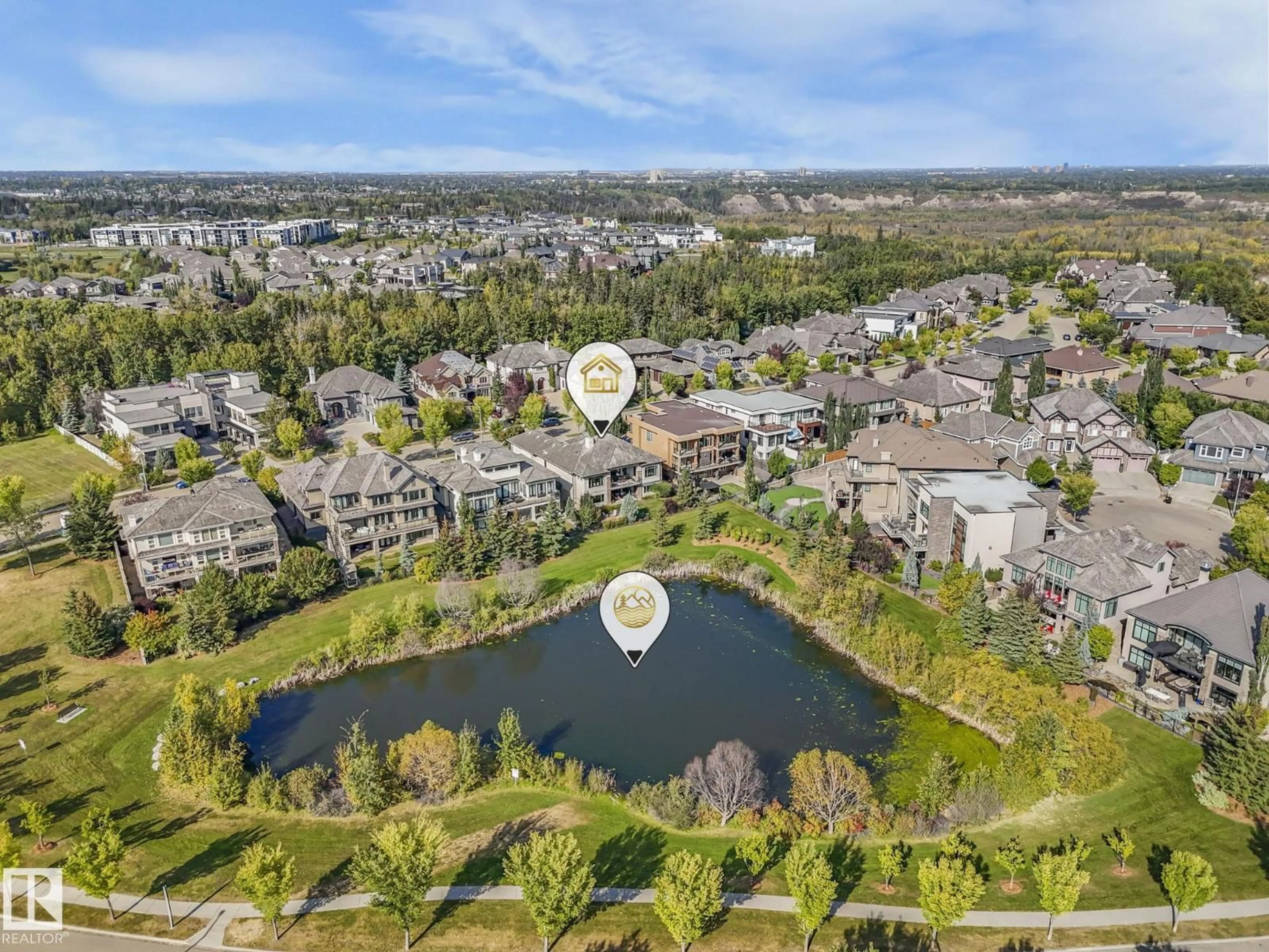 A pic from outside/outdoor area/front of a property/back of a property/a pic from drone, water/lake/river/ocean view for 2415 CAMERON RAVINE DR, Edmonton Alberta T6M0J2