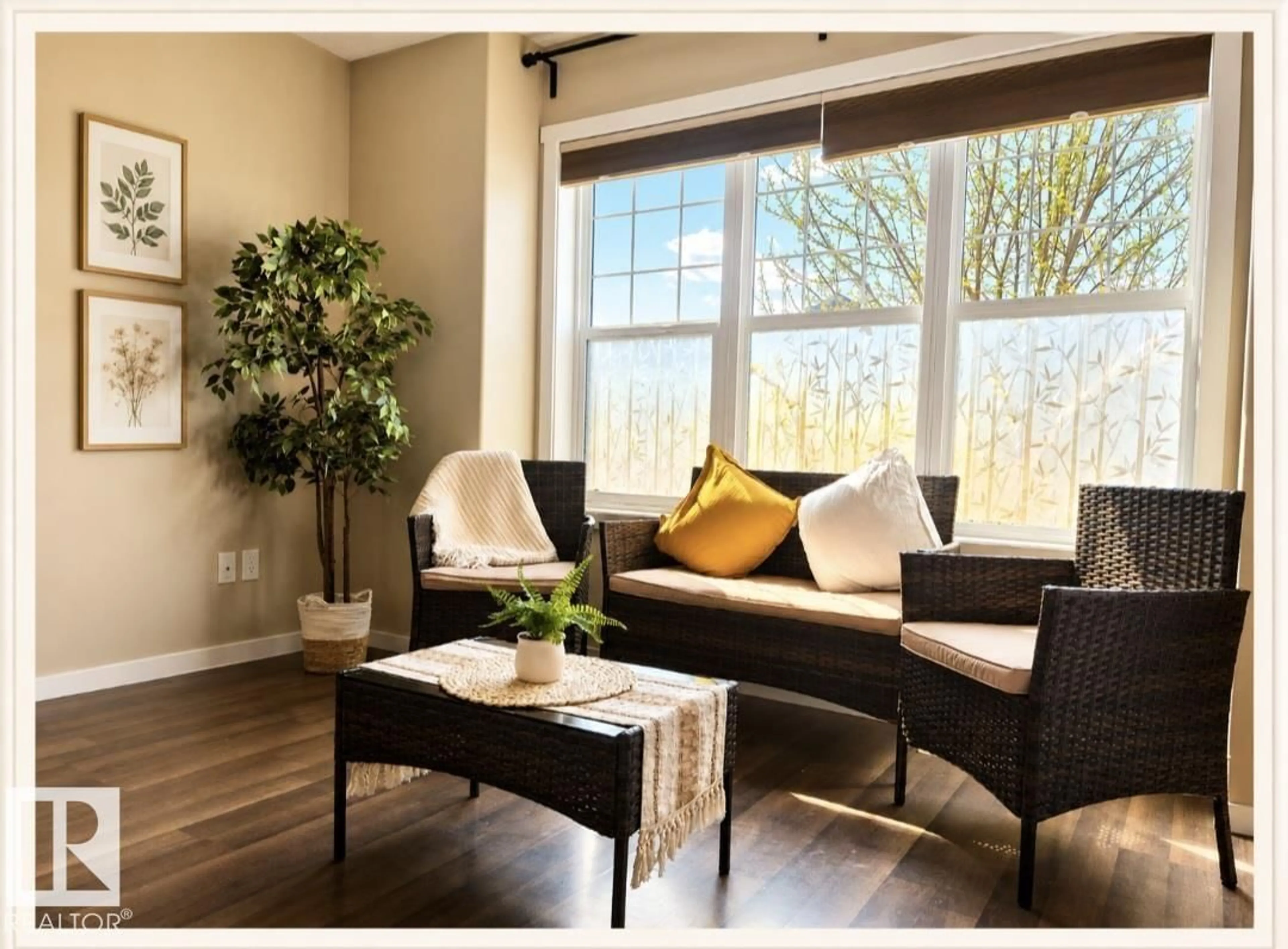 Living room with furniture, wood/laminate floor for SW - 225 51A ST, Edmonton Alberta T6X0L4