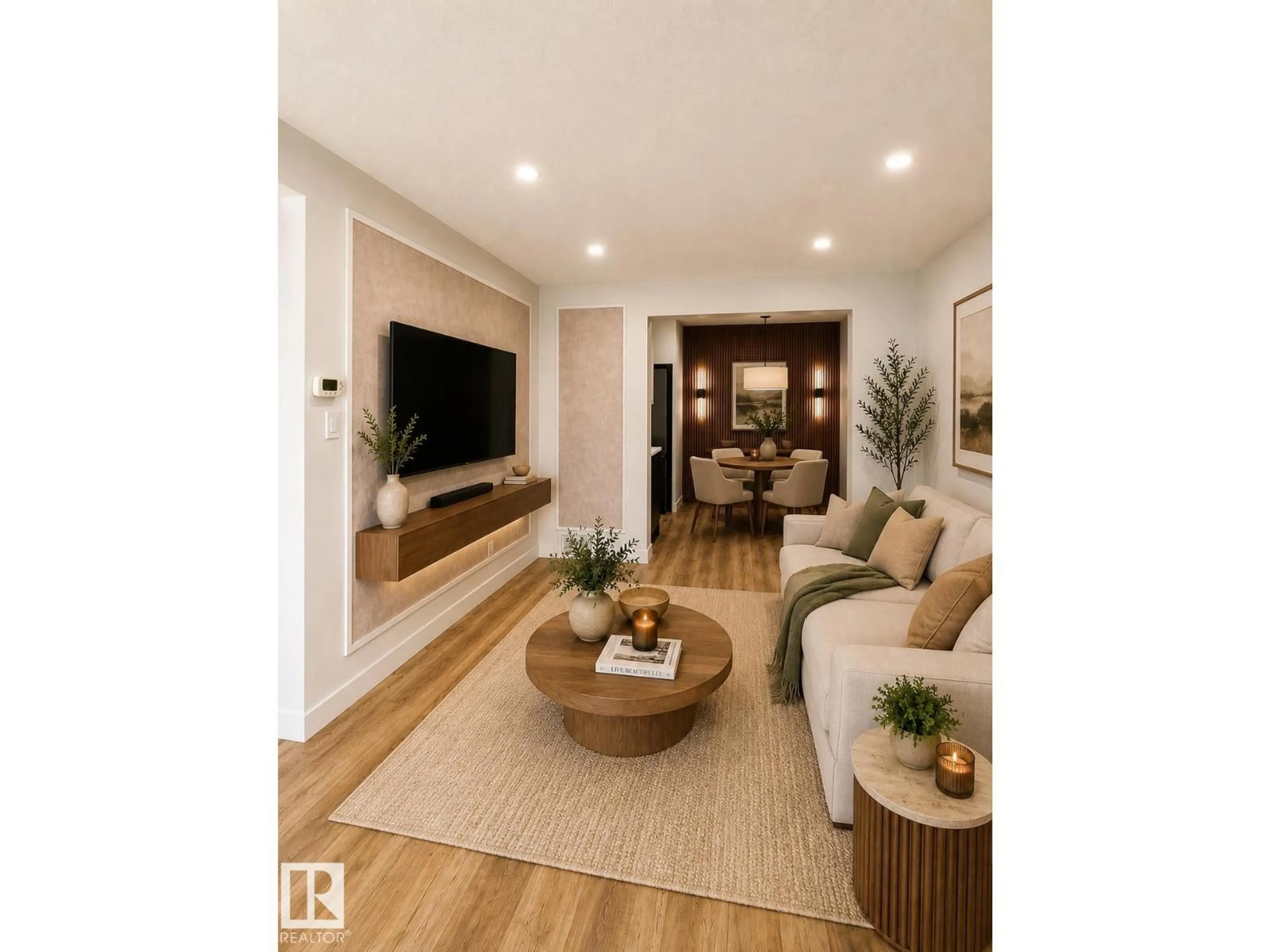 Living room with furniture, wood/laminate floor for 224 CALLINGWOOD TWO TW, Edmonton Alberta T5T1A3