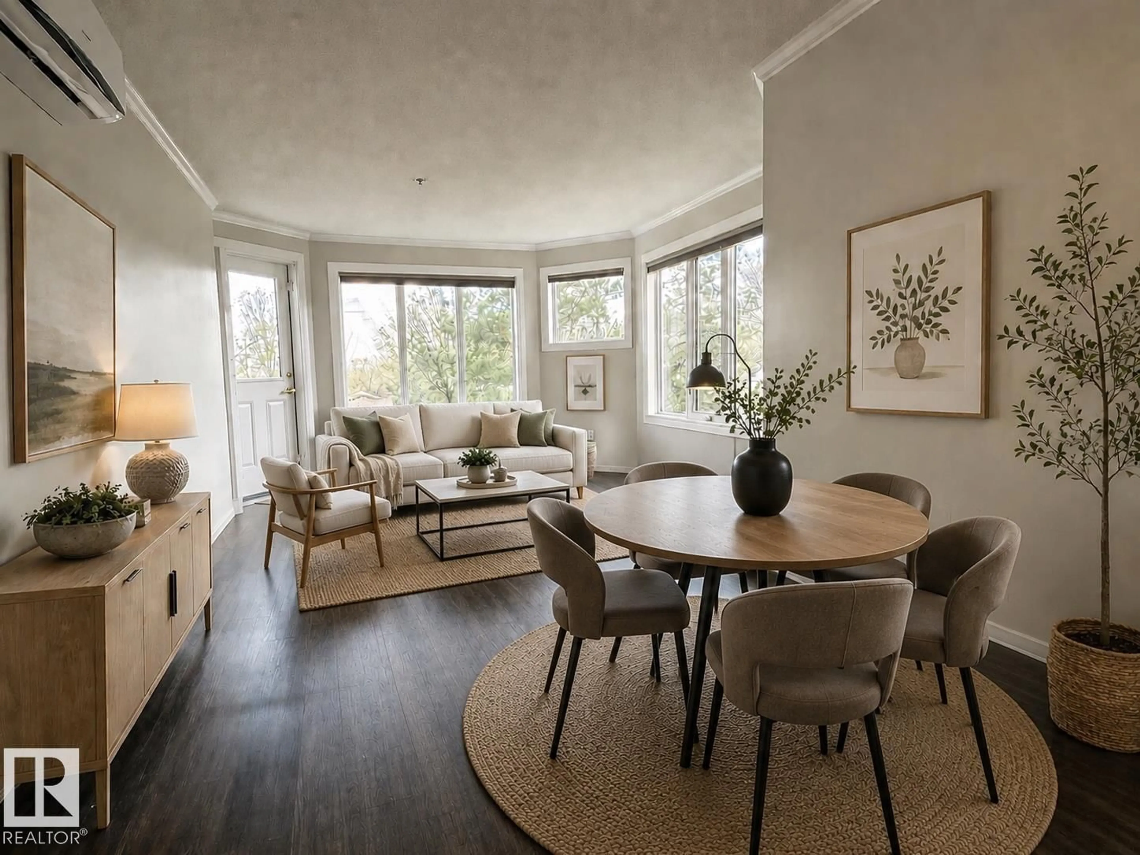 Living room with furniture, wood/laminate floor for 309 - 10610 76 ST, Edmonton Alberta T6A3Y9