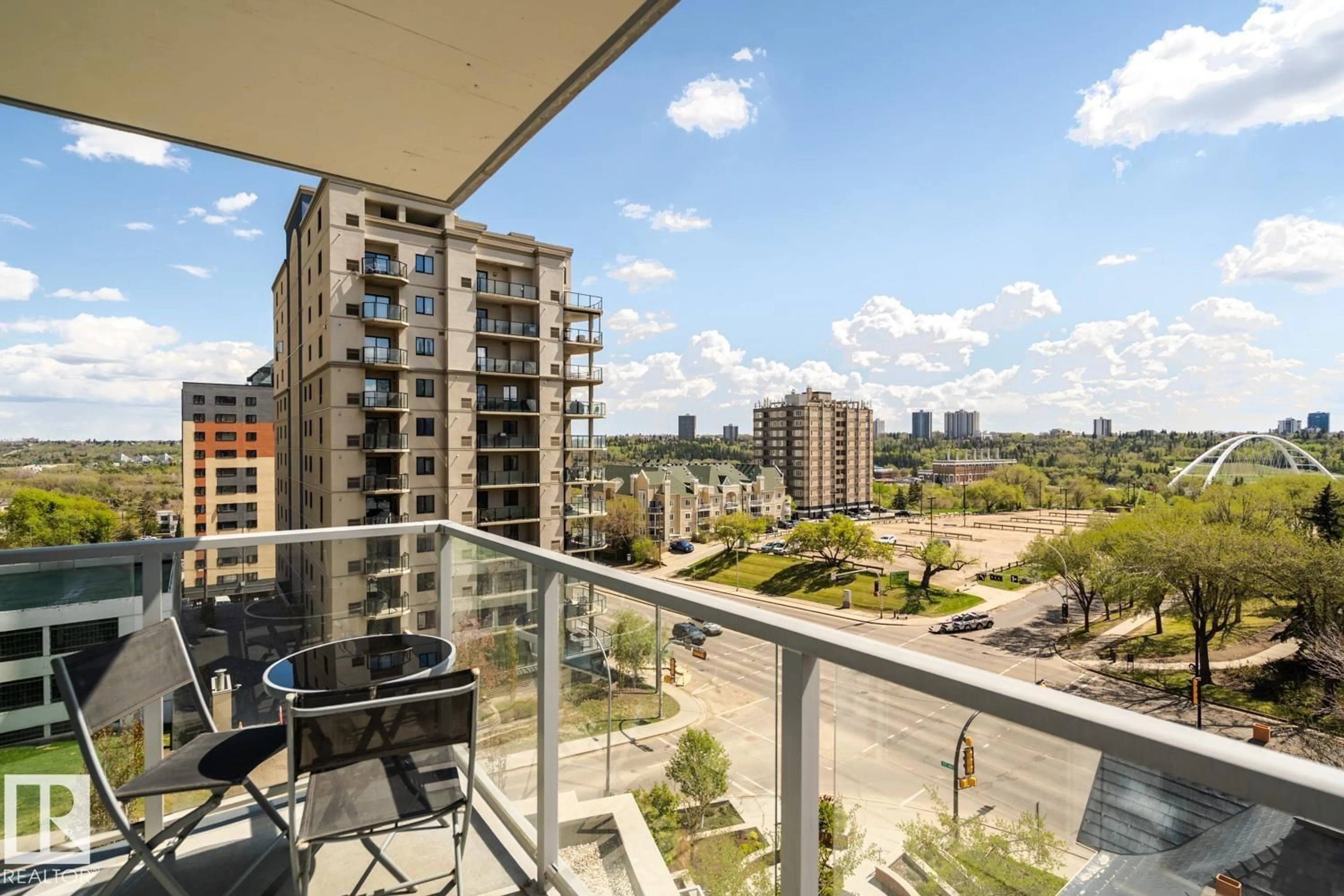 Balcony in the apartment, city buildings view from balcony for 9720 - 606 106 ST NW, Edmonton Alberta T5K0K8