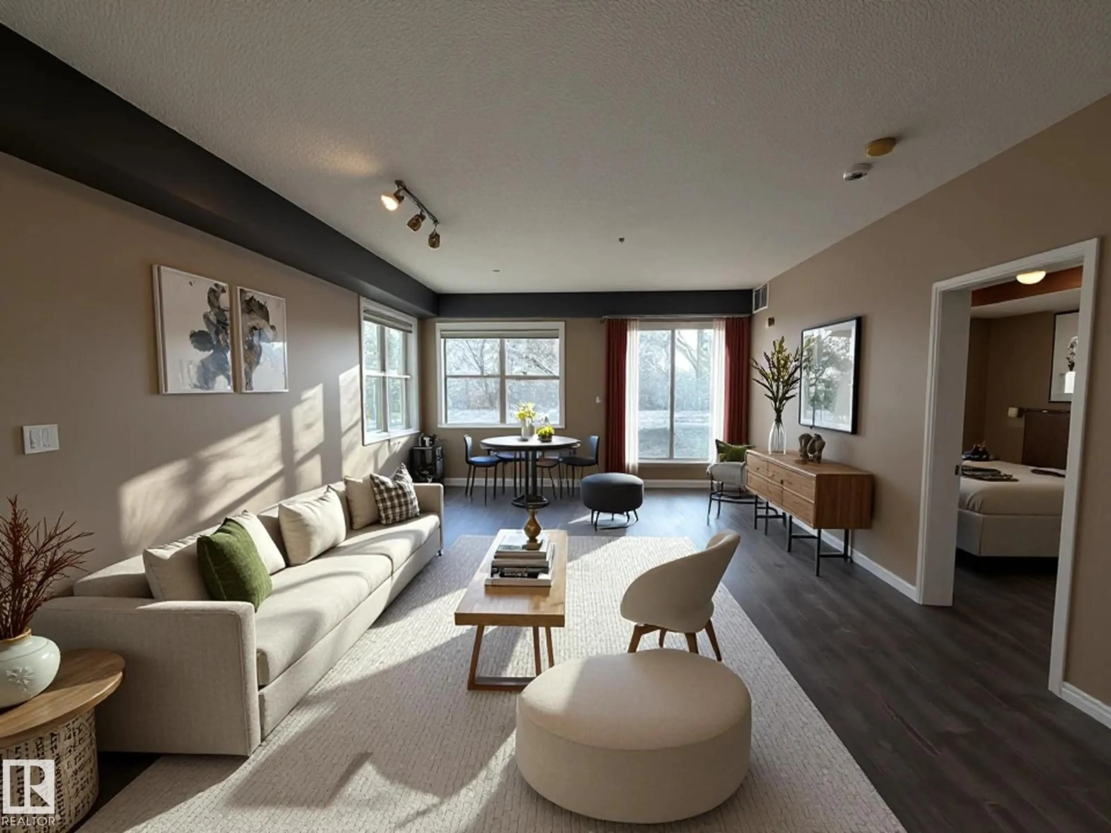 Living room with furniture, wood/laminate floor for #113 - 9507 101 AV, Edmonton Alberta T5H4R1