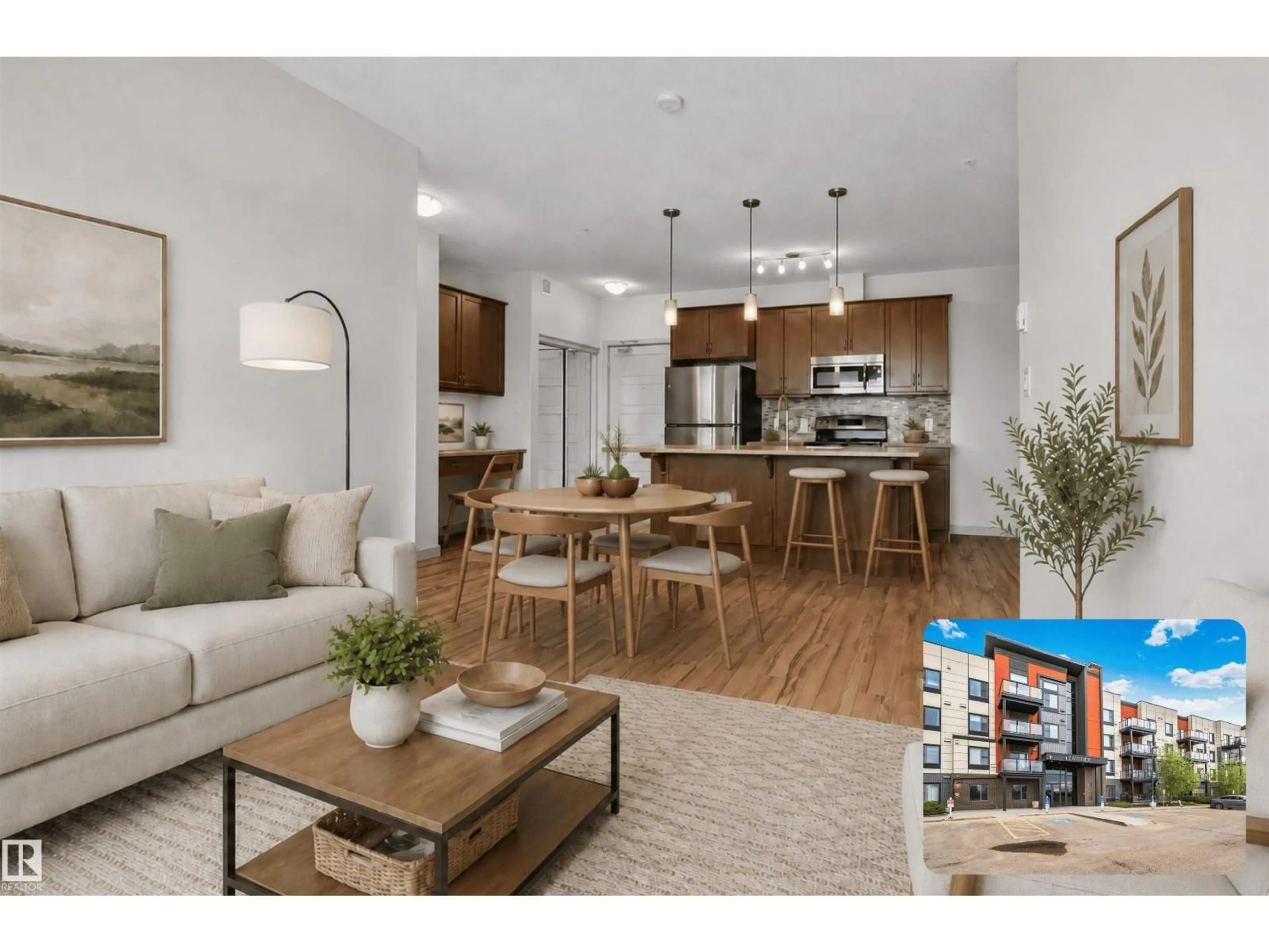 Open concept kitchen, wood/laminate floor for #218 - 320 AMBLESIDE LI, Edmonton Alberta T6W2Z9