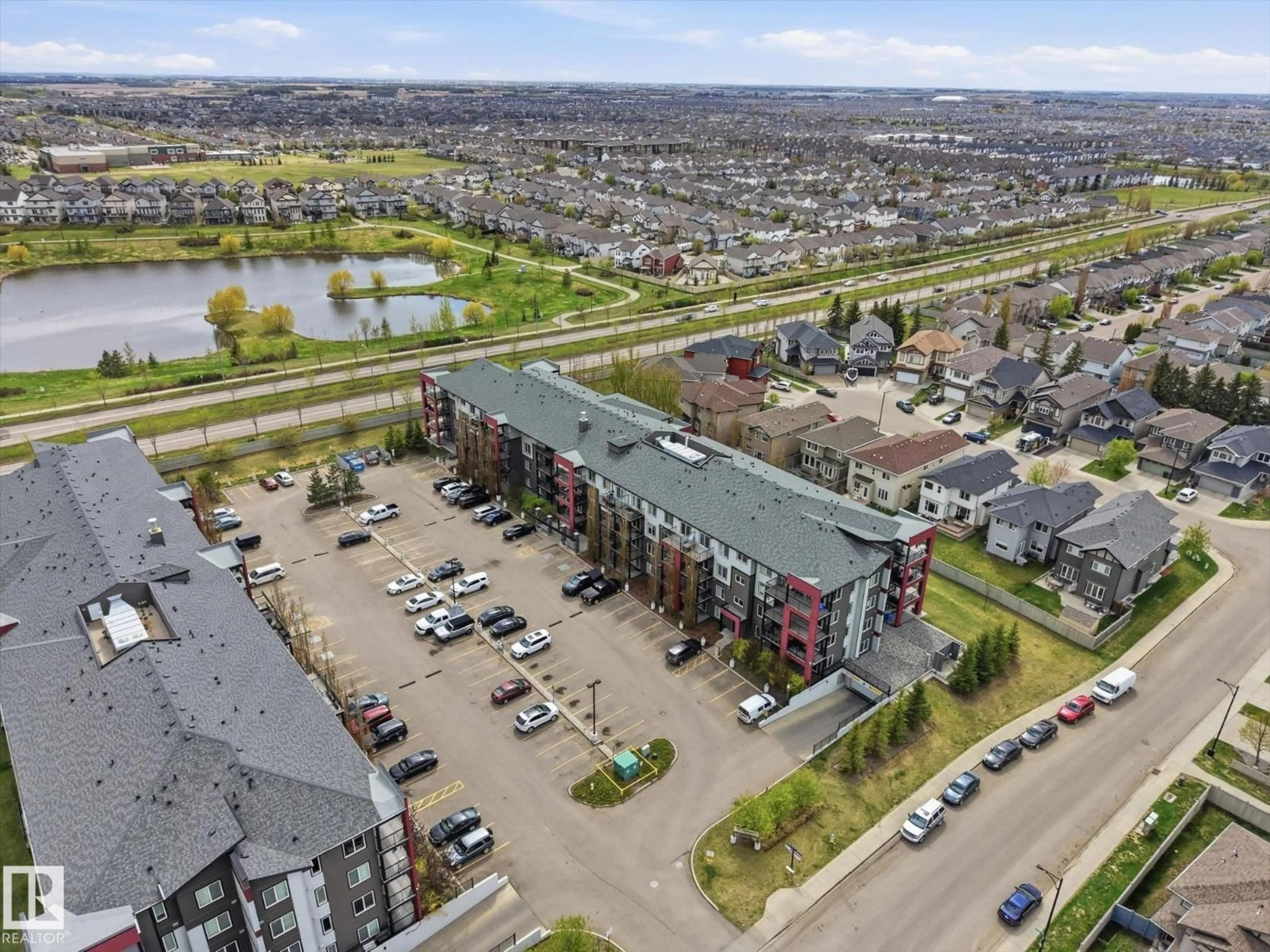 A pic from outside/outdoor area/front of a property/back of a property/a pic from drone, city buildings view from balcony for 302 - 5521 7 AV SW, Edmonton Alberta T6X2A8