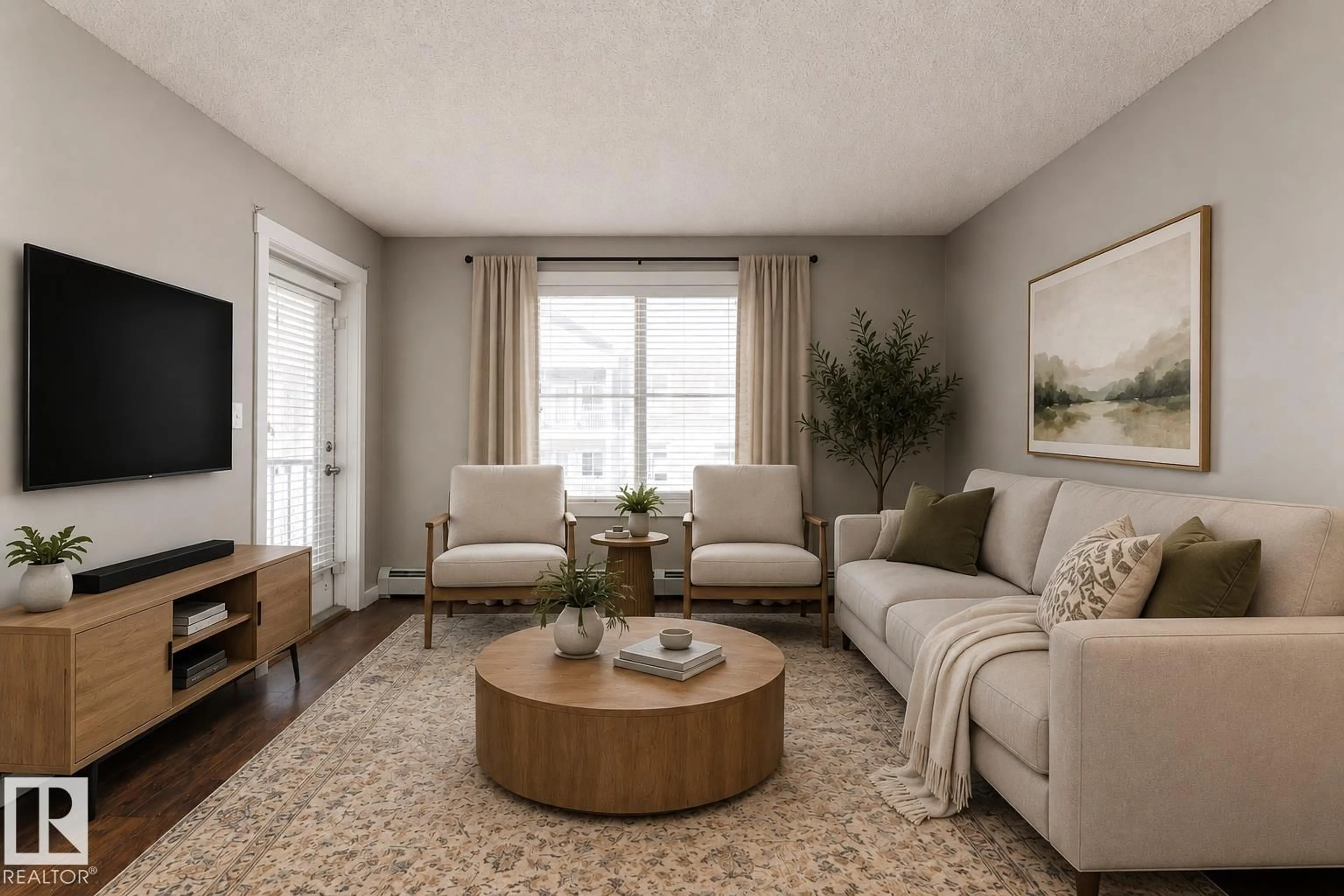 Living room with furniture, unknown for 409 - 5804 MULLEN PL, Edmonton Alberta T6R0W3