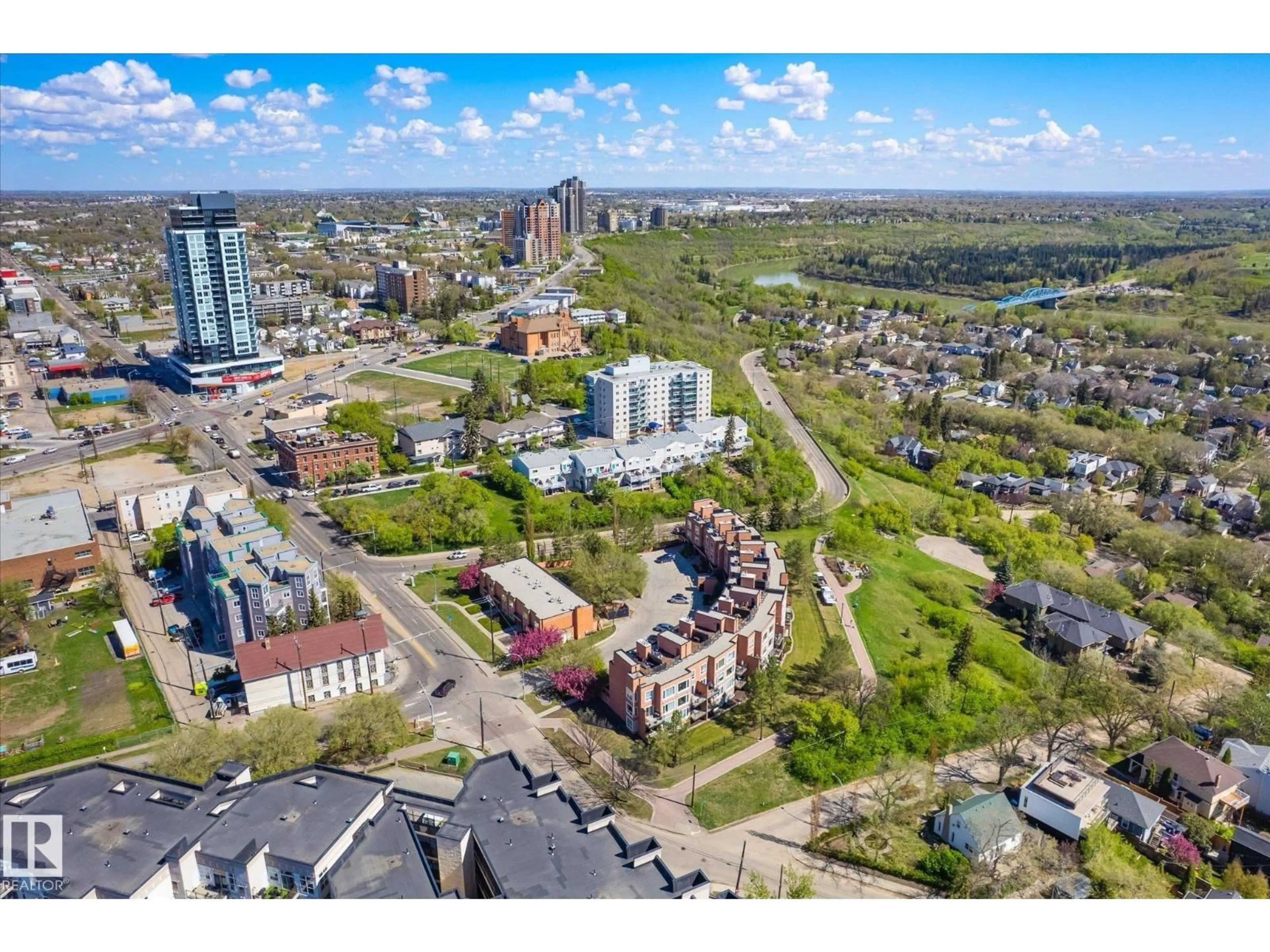 A pic from outside/outdoor area/front of a property/back of a property/a pic from drone, city buildings view from balcony for #108 - 10105 95 ST, Edmonton Alberta T5H4M4