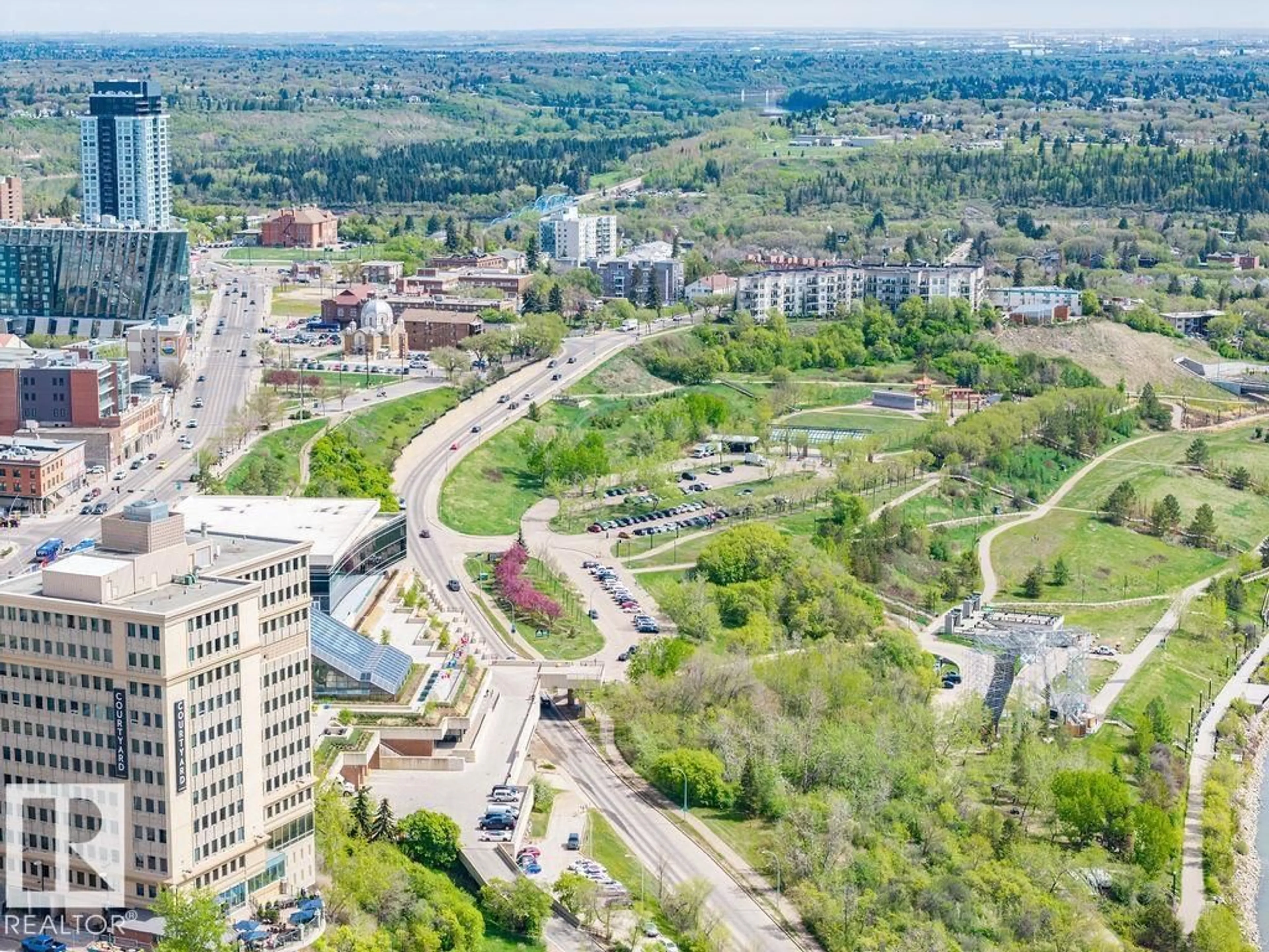 A pic from outside/outdoor area/front of a property/back of a property/a pic from drone, city buildings view from balcony for 9918 - 1208 101 ST, Edmonton Alberta T5K2L1