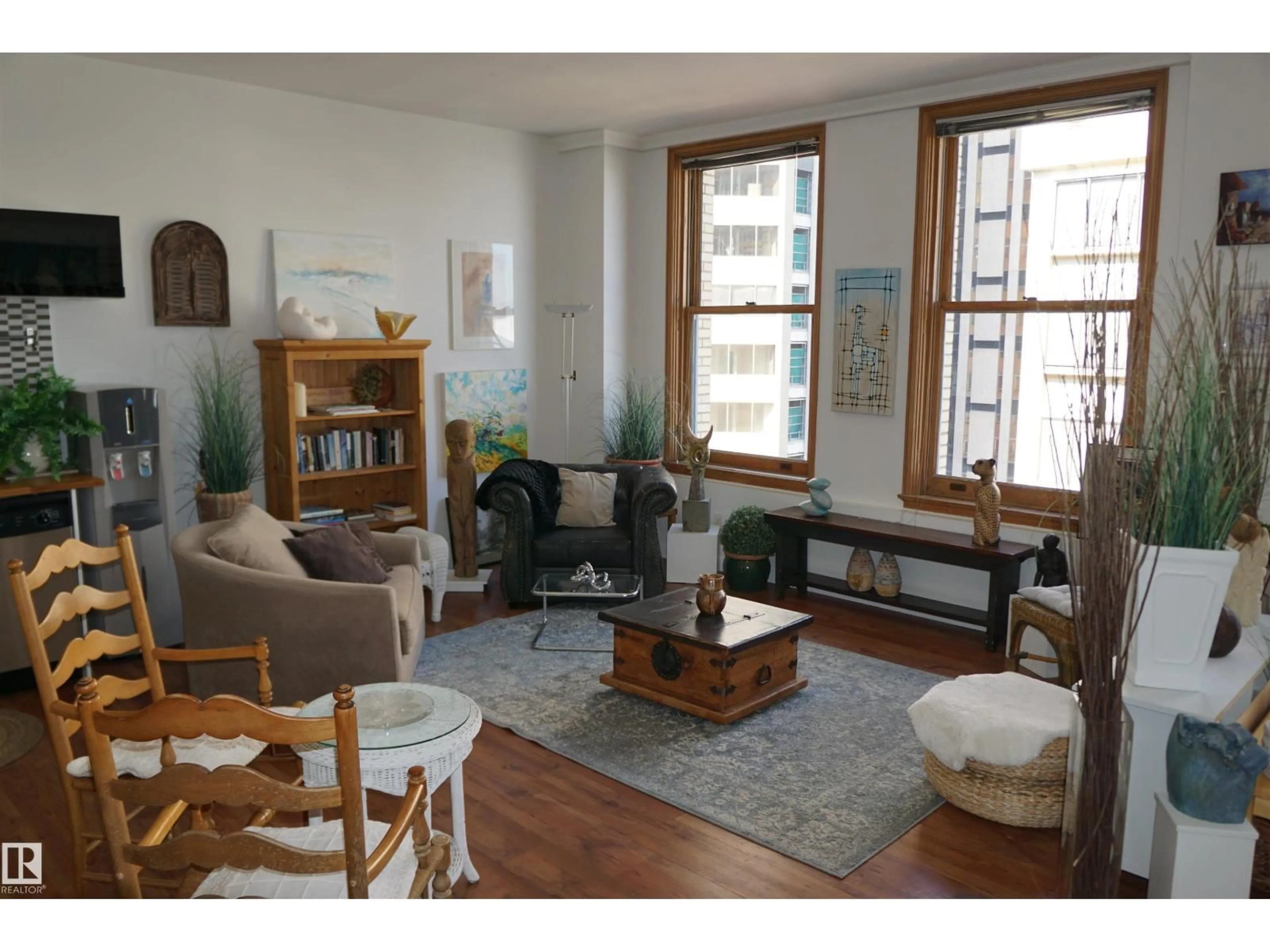 Living room with furniture, wood/laminate floor for #808 - 10134 100 ST, Edmonton Alberta T5J0N8