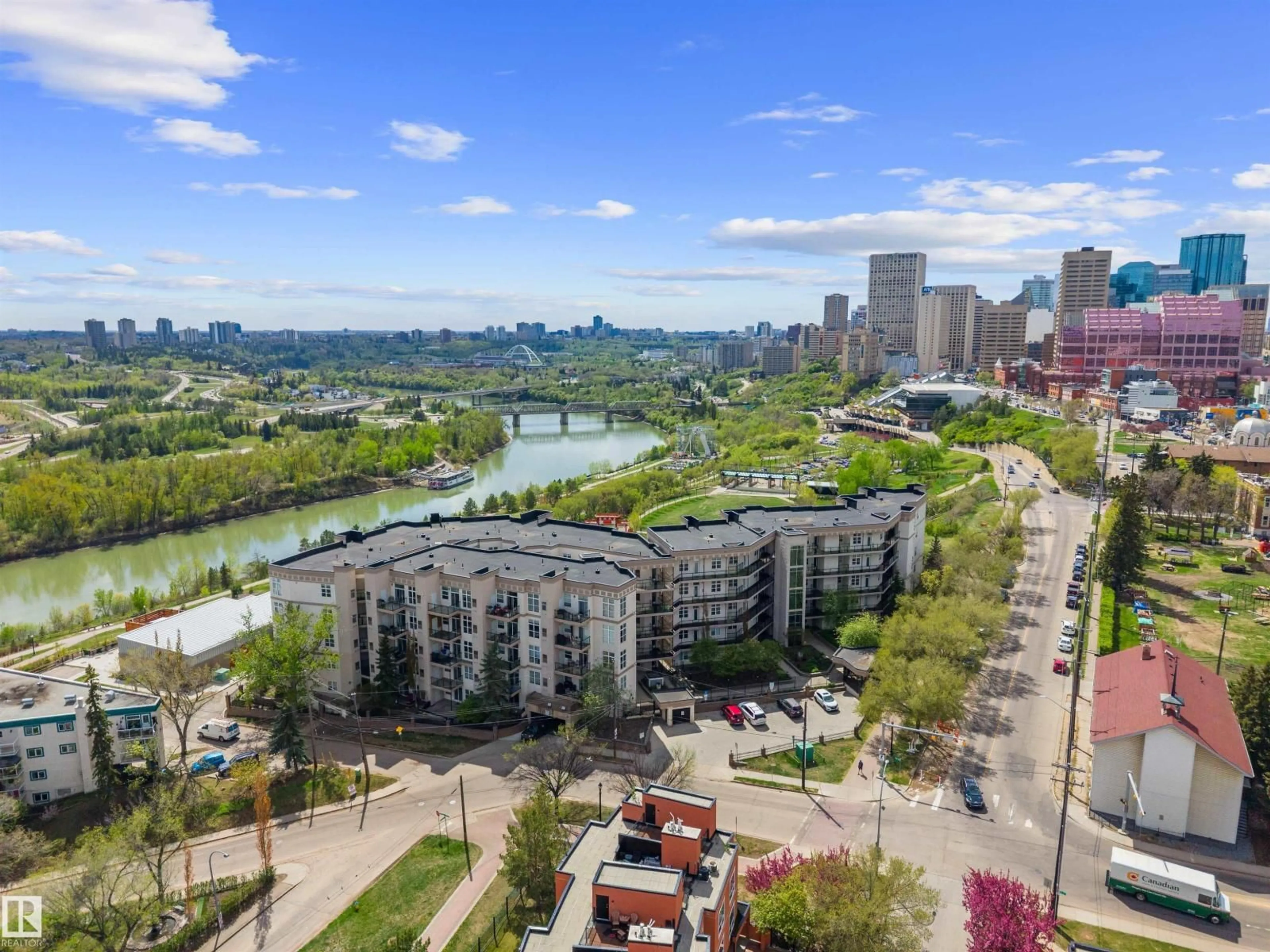 A pic from outside/outdoor area/front of a property/back of a property/a pic from drone, city buildings view from balcony for #215 - 9507 101 AV, Edmonton Alberta T5H4R1