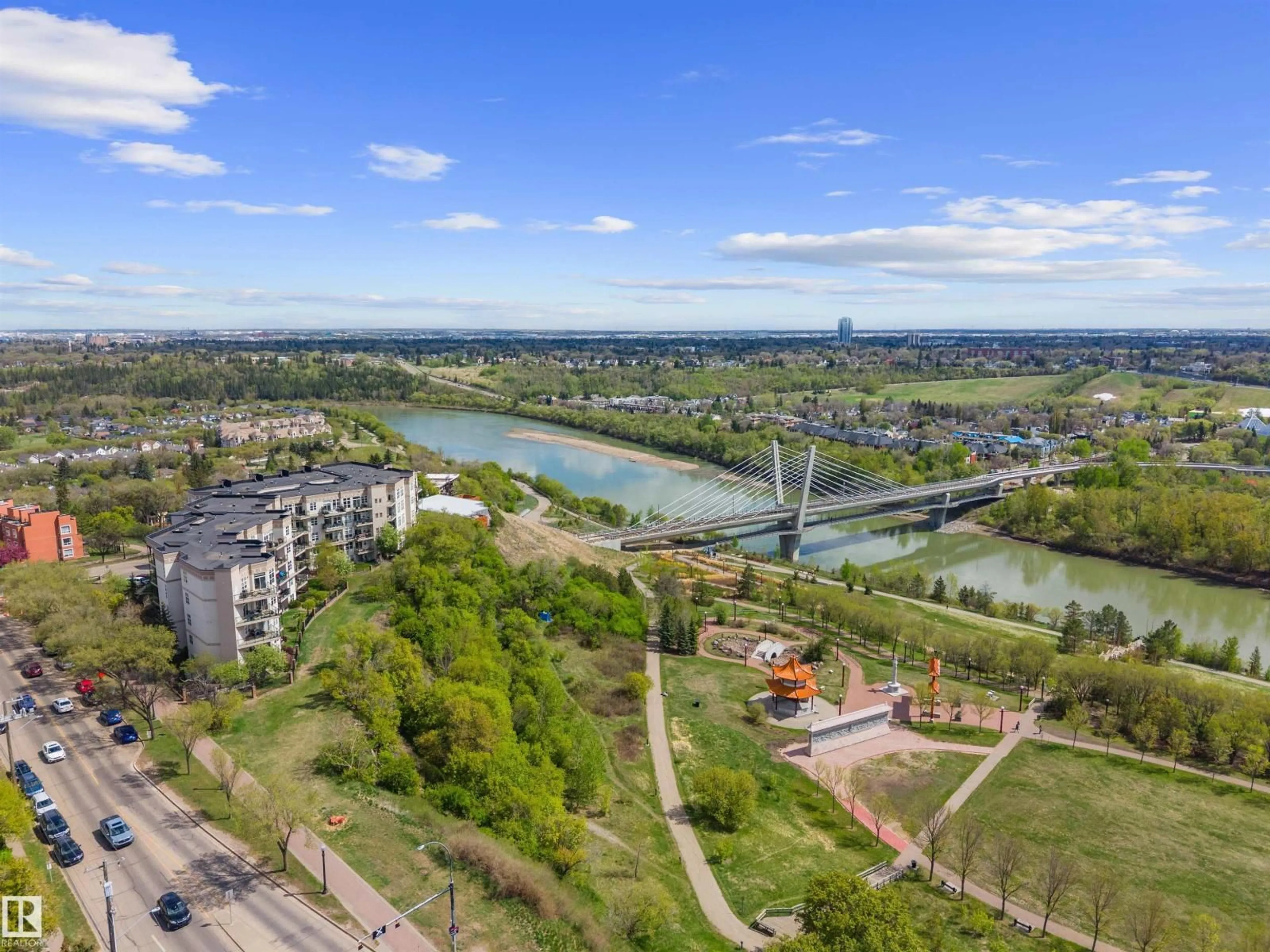 A pic from outside/outdoor area/front of a property/back of a property/a pic from drone, water/lake/river/ocean view for #215 - 9507 101 AV, Edmonton Alberta T5H4R1