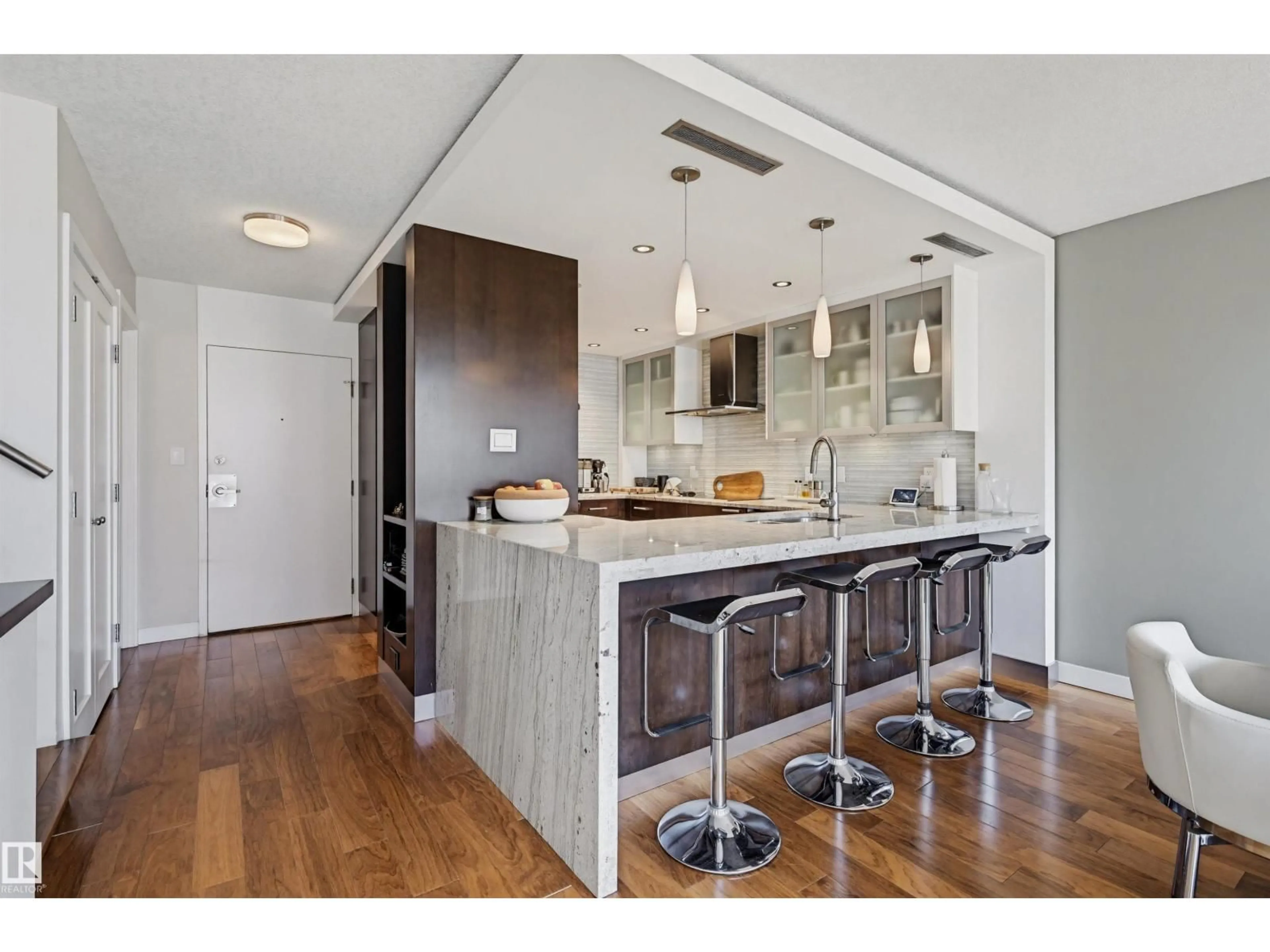 Open concept kitchen, wood/laminate floor for 10045 - 806 118 ST, Edmonton Alberta T5K2K2