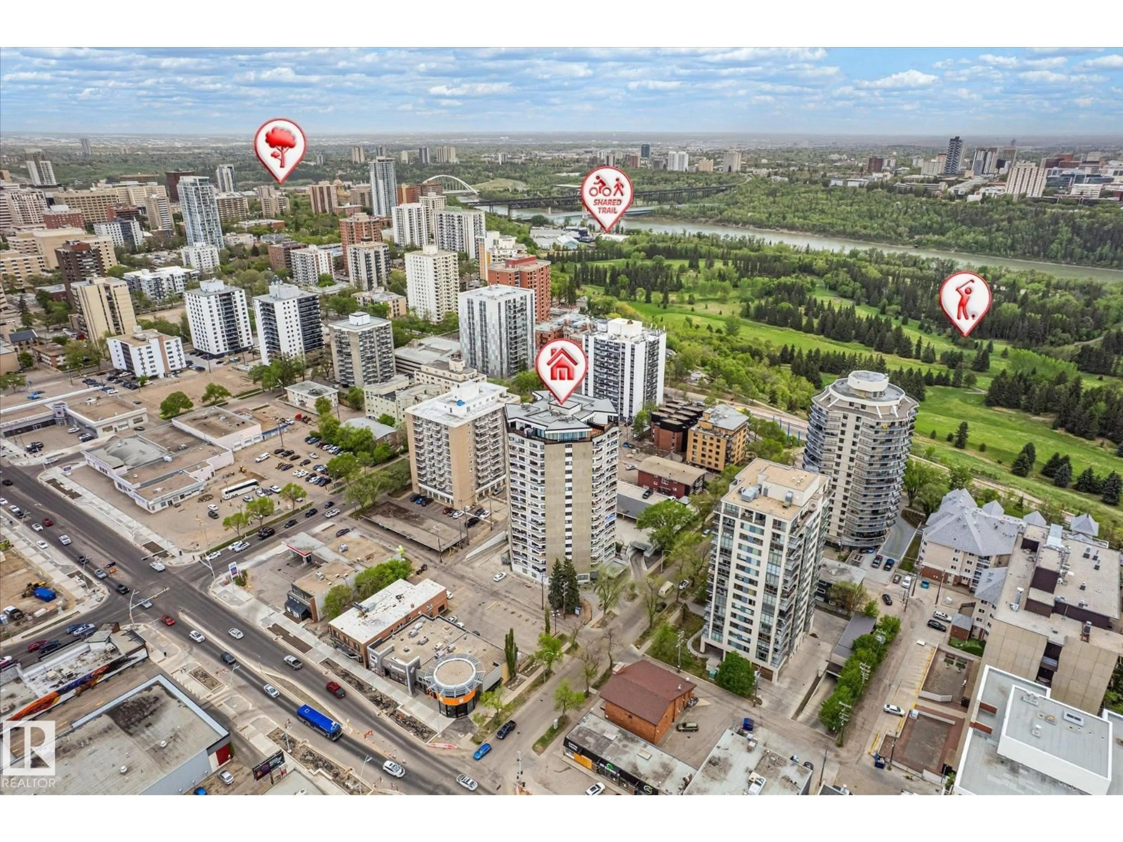 A pic from outside/outdoor area/front of a property/back of a property/a pic from drone, city buildings view from balcony for #503 - 10045 117 ST, Edmonton Alberta T5K1W8