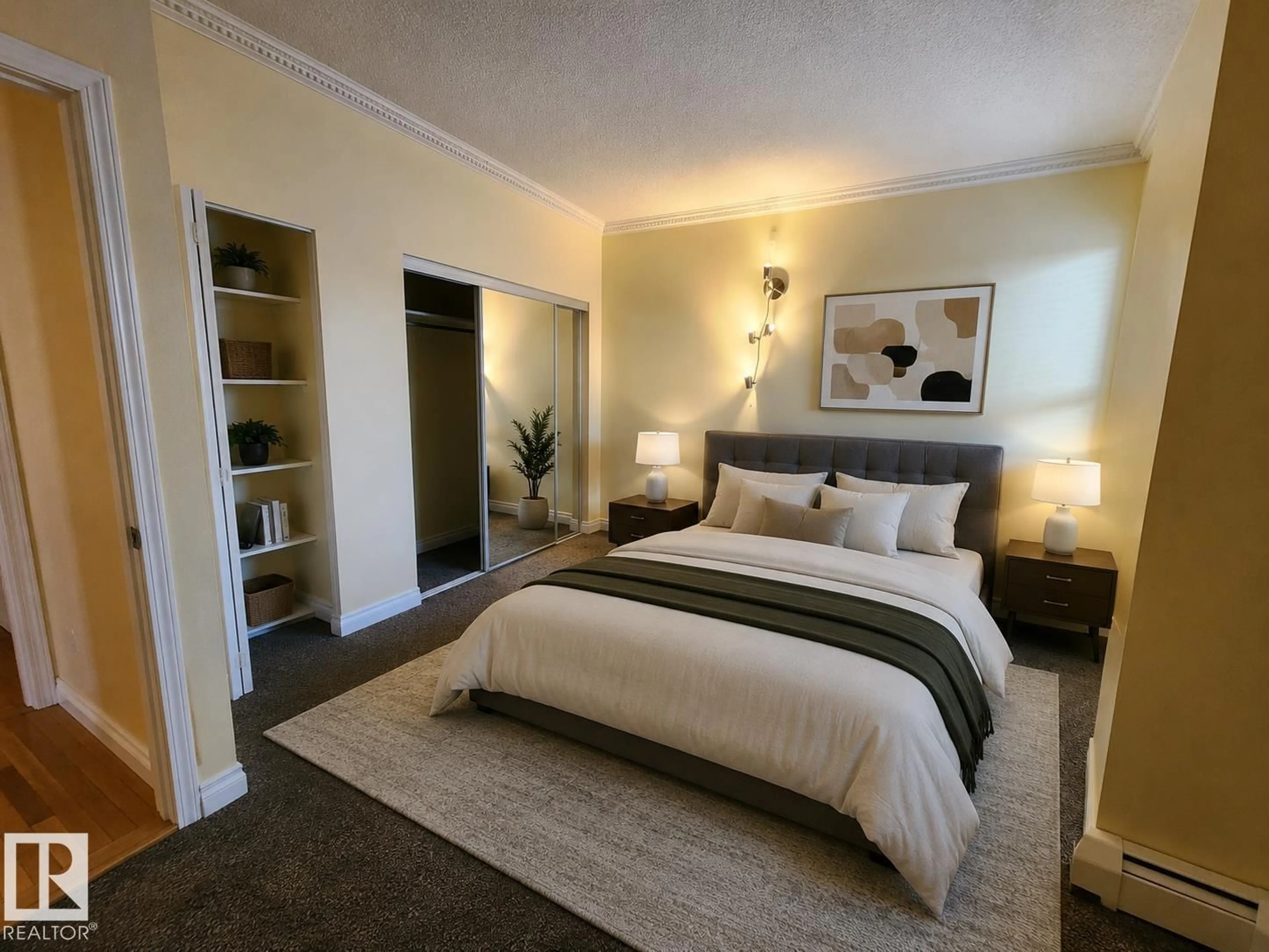 Bedroom with bed, carpet floor for 603 - 9707 105 ST, Edmonton Alberta T5K2Y4