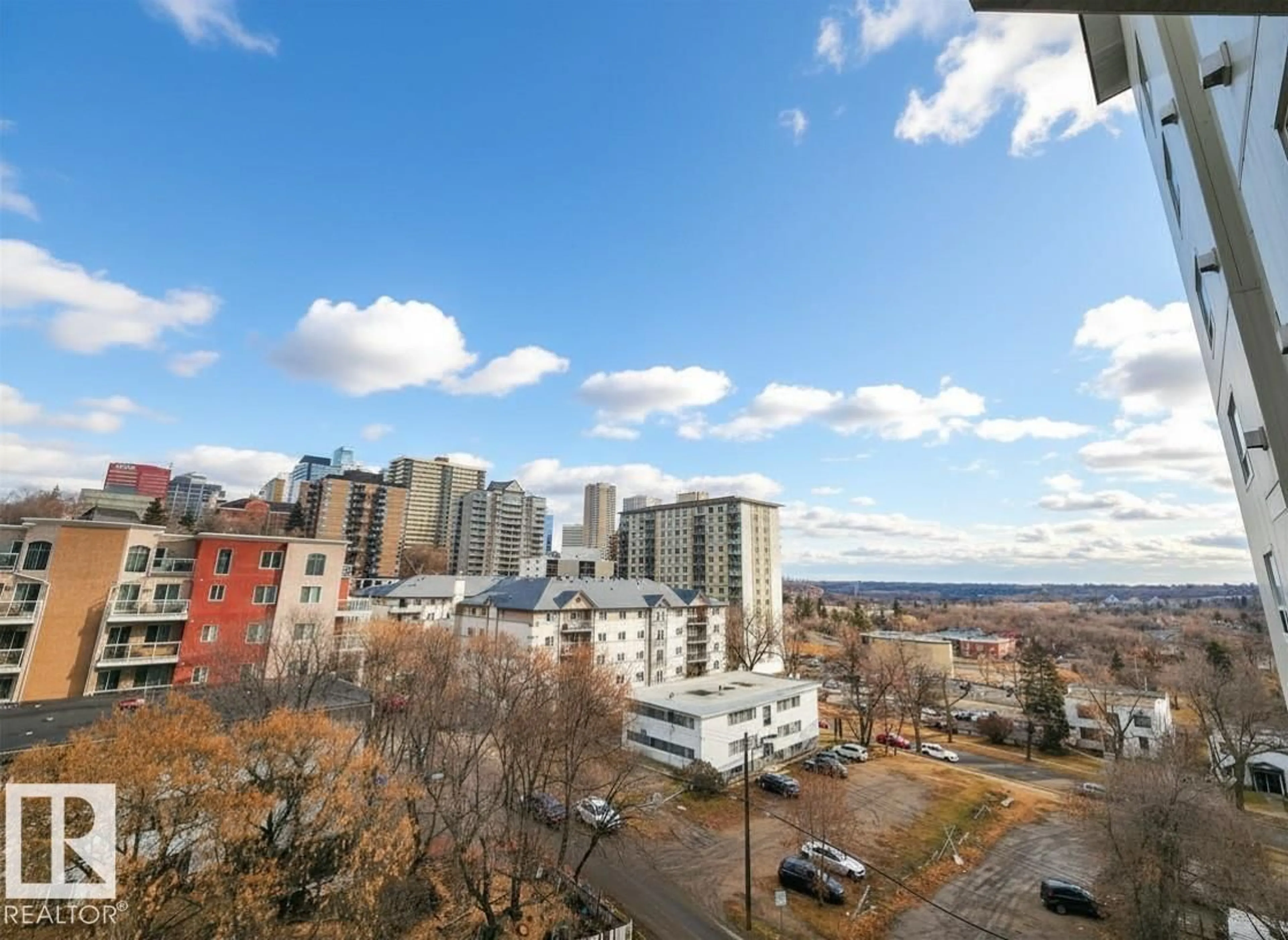 Balcony in the apartment, city buildings view from balcony for 603 - 9707 105 ST, Edmonton Alberta T5K2Y4