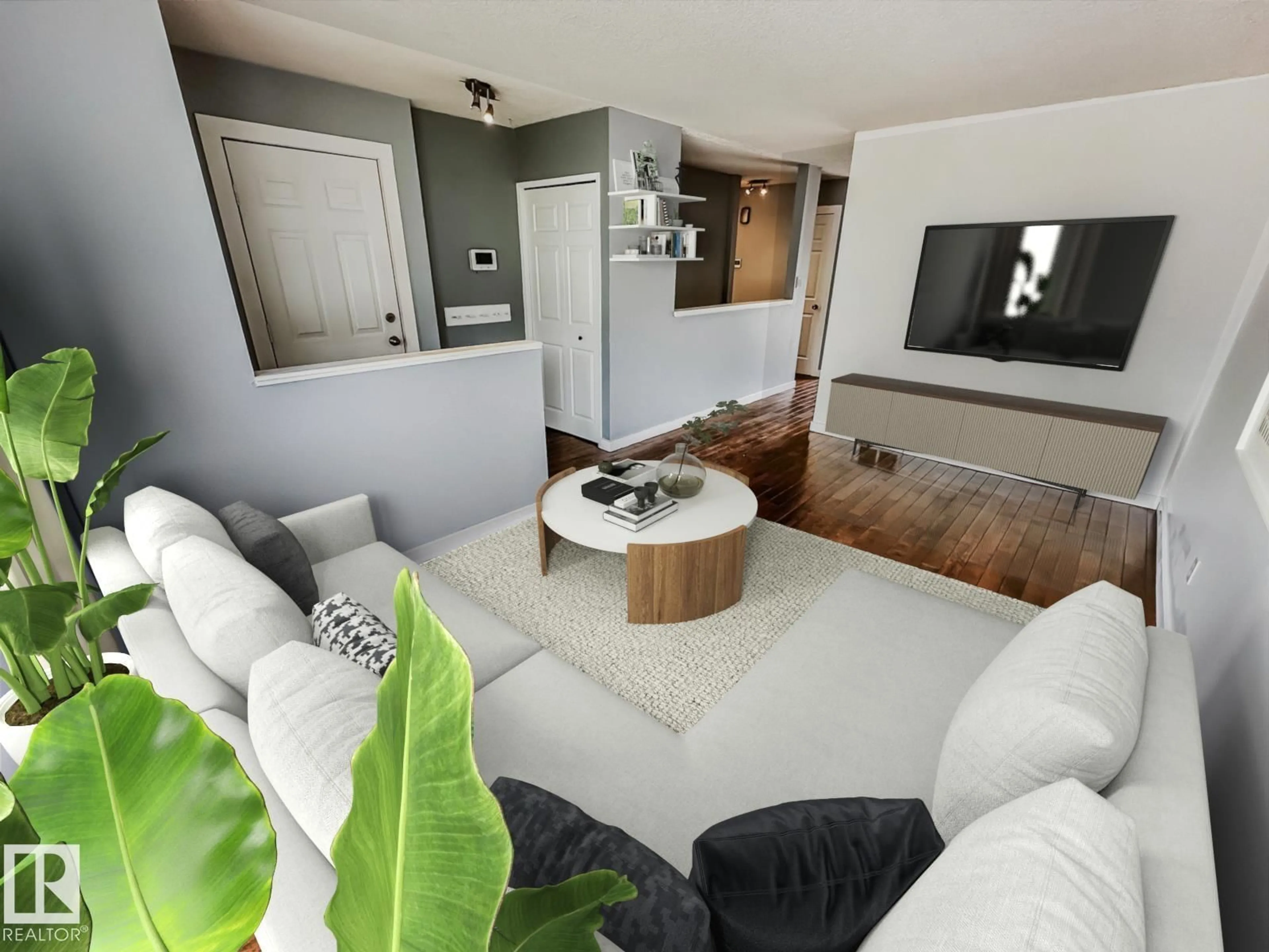 Living room with furniture, wood/laminate floor for 576 RAINBOW CR, Sherwood Park Alberta T8A5N6