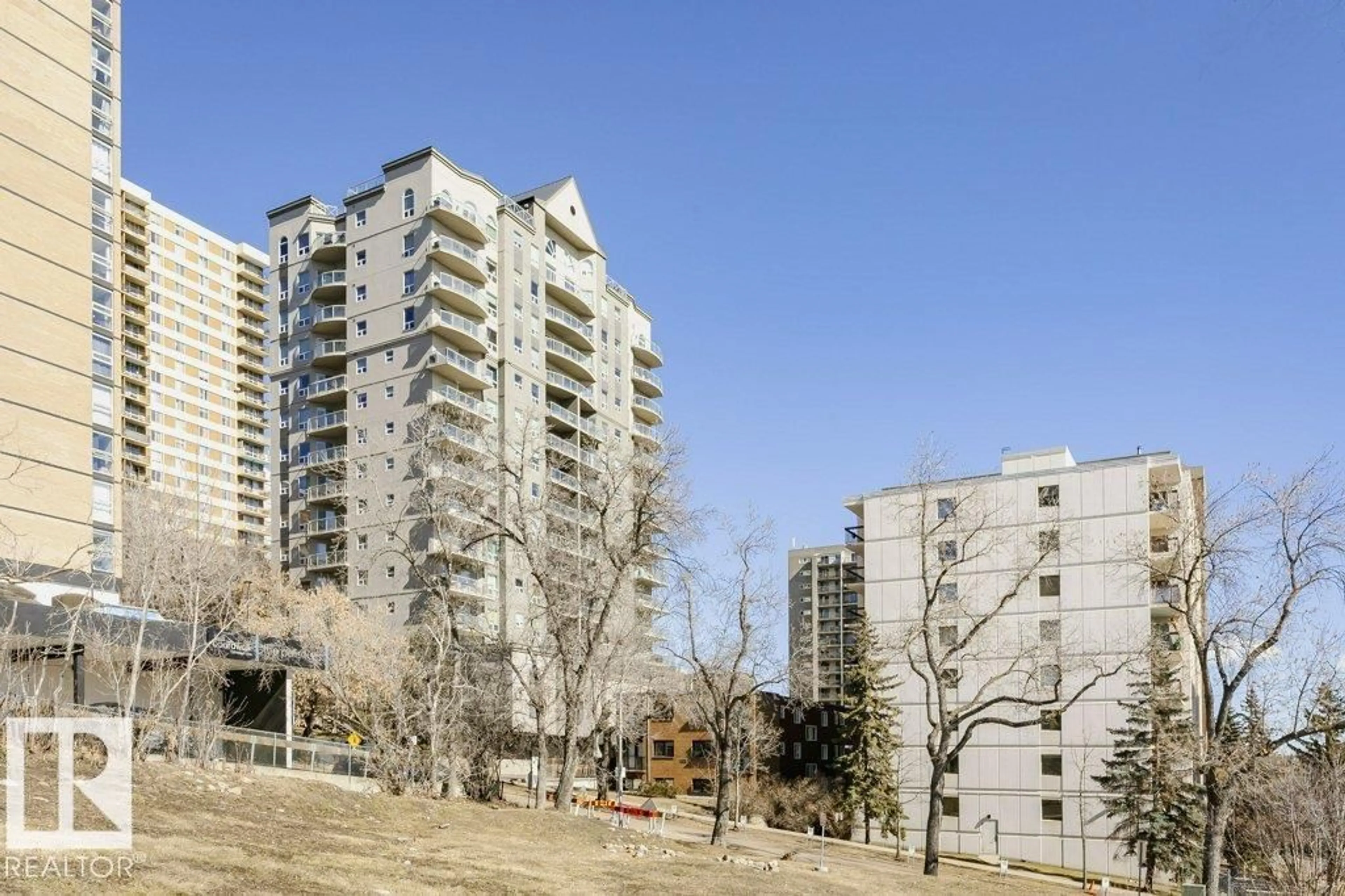 Patio, city buildings view from balcony for #103 - 9819 104 ST, Edmonton Alberta T5R0Z8