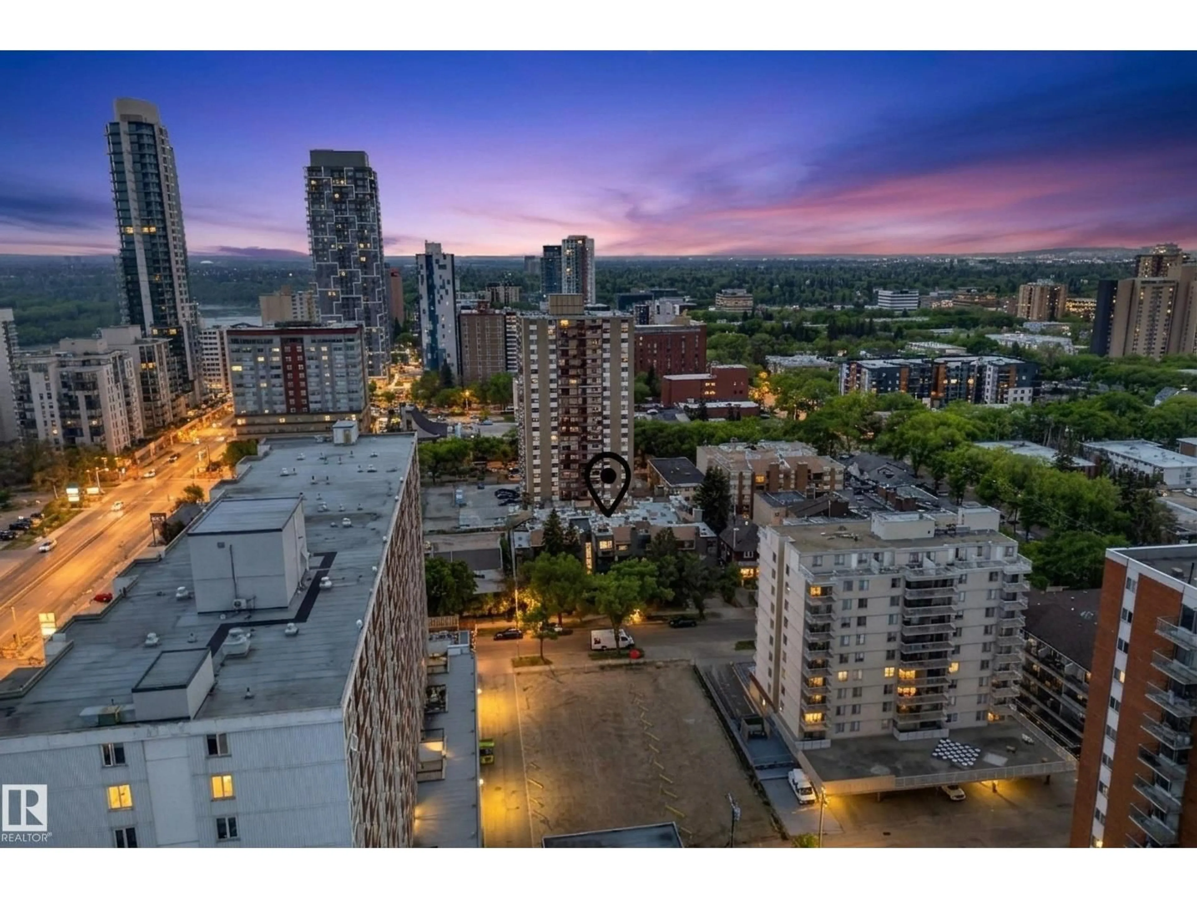 A pic from outside/outdoor area/front of a property/back of a property/a pic from drone, city buildings view from balcony for 302 - 10148 118 ST, Edmonton Alberta T5K1Y4