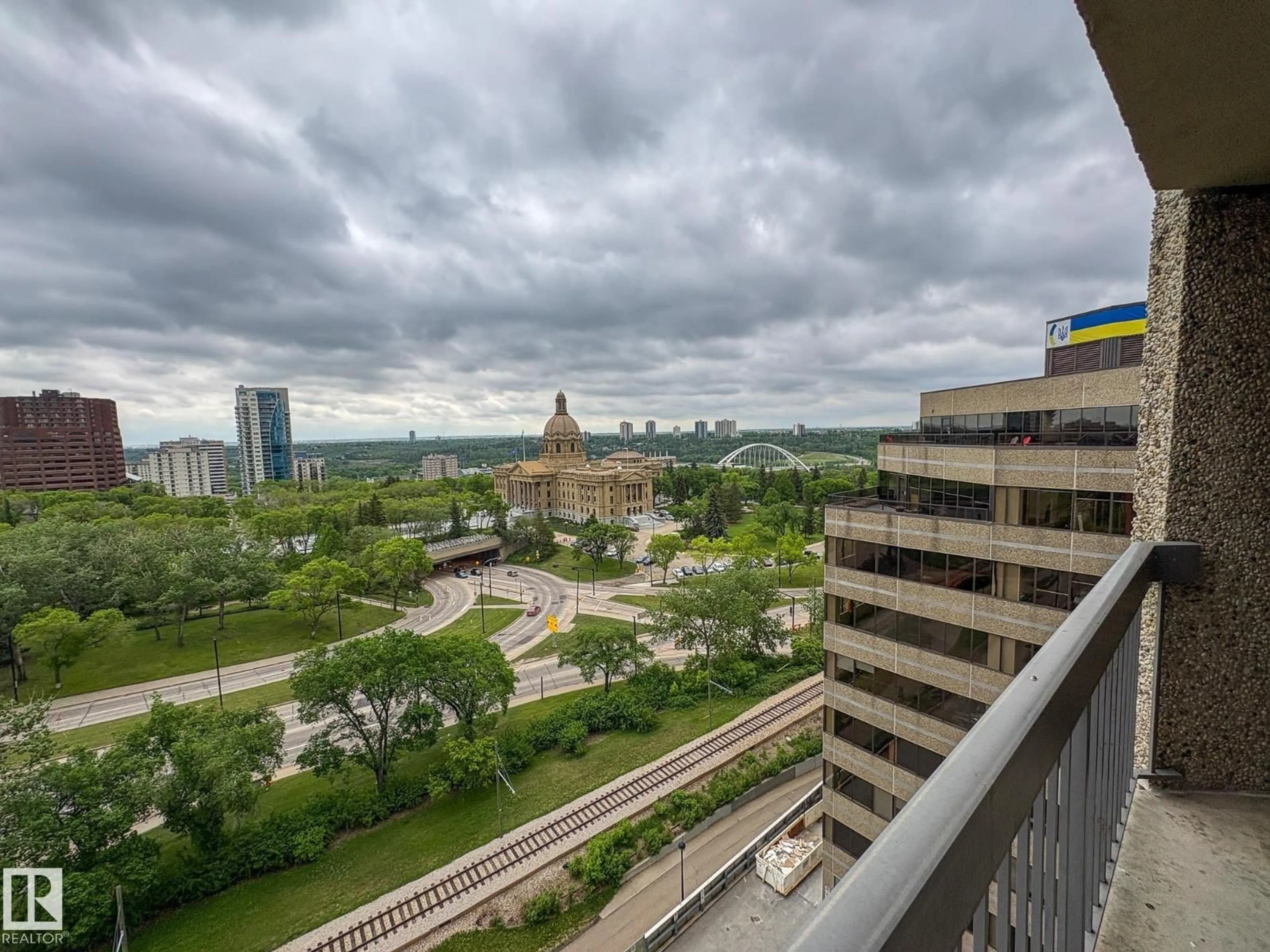 Balcony in the apartment, city buildings view from balcony for #1202 - 9715 110 ST, Edmonton Alberta T5K2M1