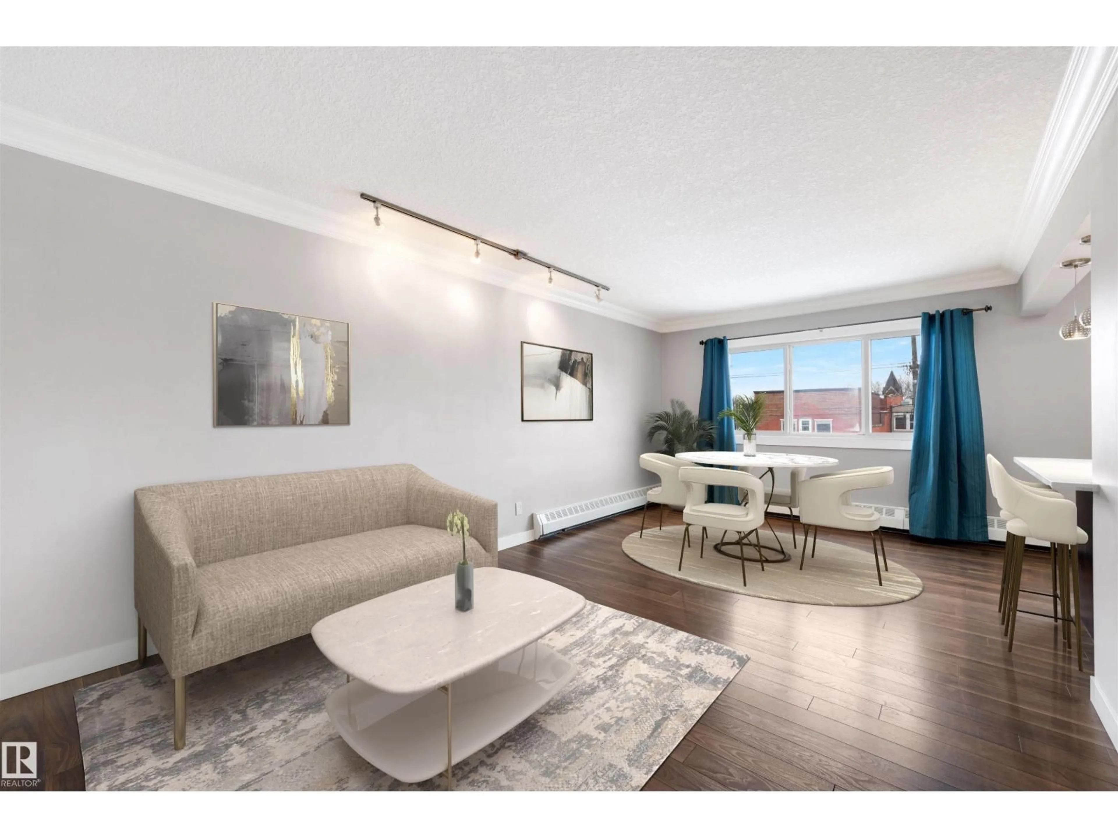 Living room with furniture, wood/laminate floor for NW - 32 10015 83 AV, Edmonton Alberta T6E2C3